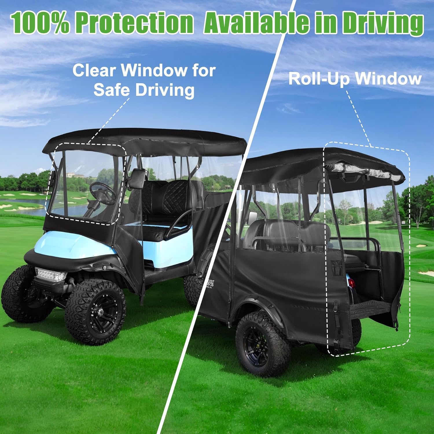 4 Passenger Golf Cart Enclosure, 600D Waterproof Driving Enclosure for Club Car EZGO RXV TXT Yamaha Rain Cover, Roof Within 86.6 inch (Black)