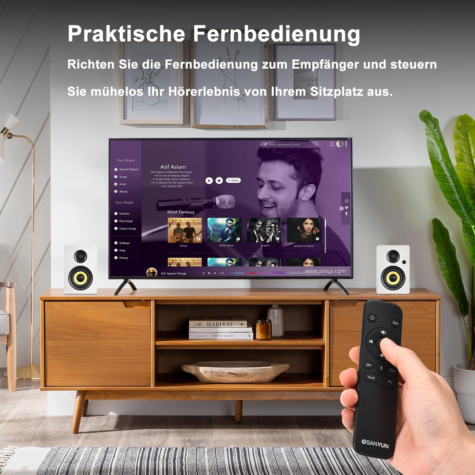 Sanyun SW206 80W Aktive Regallautsprecher 2.0 4“, Creator-/Musikmodus | Kohlefaser 10cm + Seidenkalotte 25mm, 24-Bit-DAC, TRS 6,35mm symmetrisch, Optisch/Koaxial/AUX/USB/BT, MDF (Paar, Weiß)