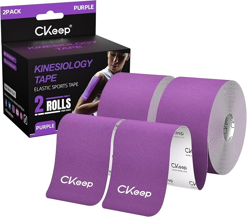 CKeep Cinta de kinesiología, cinta atlética elástica premium sin cortar, 2 rollos, morado | Cinta cinética original de algodón sin látex, cinta deportiva transpirable e impermeable para soporte muscular y articular, 2 pulgadas x 16 pies