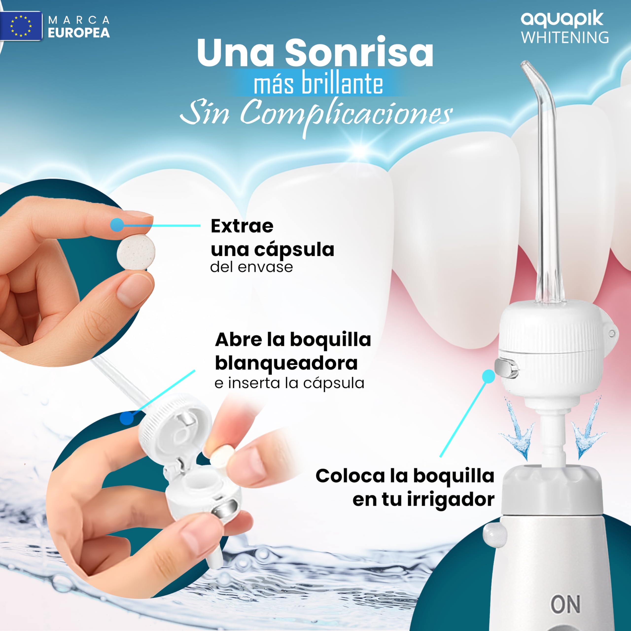 Kit Sbiancante Aquapik® WHITENING | 30 Compresse Sbiancanti + Beccuccio per Idropulsore Dentale | Compatibile con Aquapik 100, Advanced e Pro | Denti Più Bianchi | Alito Fresco