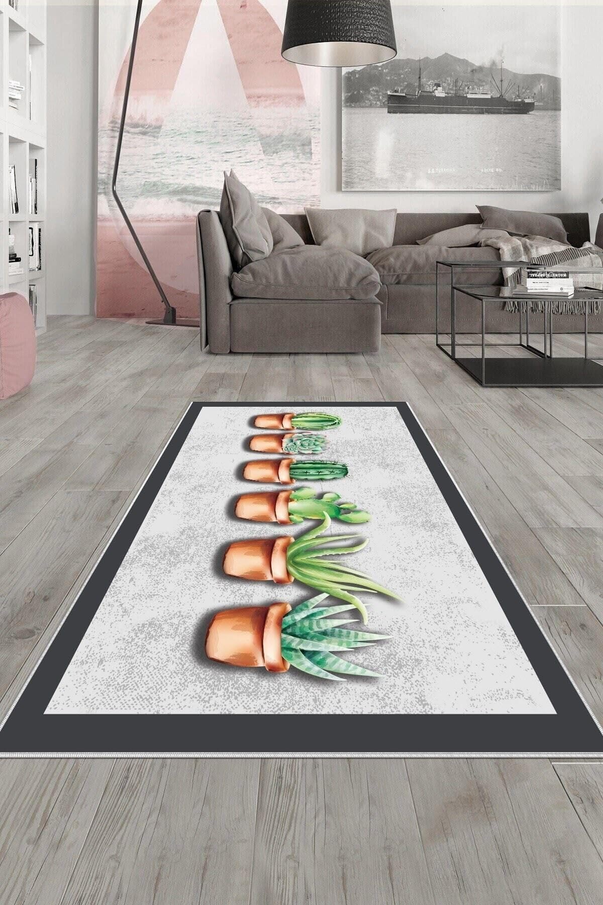 Pelangi Gri Kaktüs Desen Yıkanabilir Kaymaz Taban Leke Tutmaz Modern Salon Halısı Ve Yolluk, Açık Gri-Yeşil 80 x 600, 13581608060005