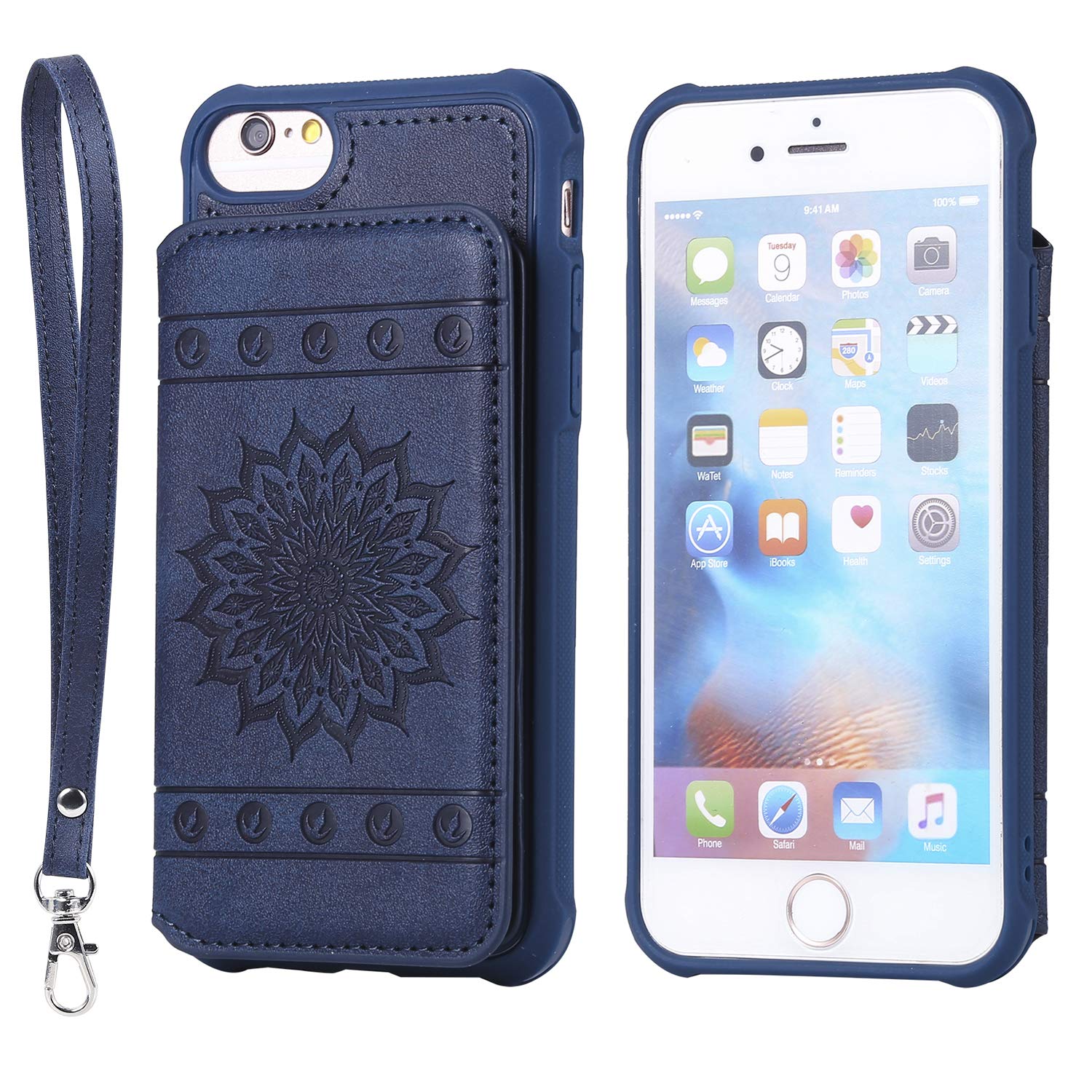 iPhone 6 Plus/6S Plus Case,DAMONDY Luxury Flower Sunflower Wallet Purse Card Holders Design Cover Soft Shockproof Bumper Flip Leather Kickstand Clasp Wrist Strap Case for iPhone 6s Plus-Blue