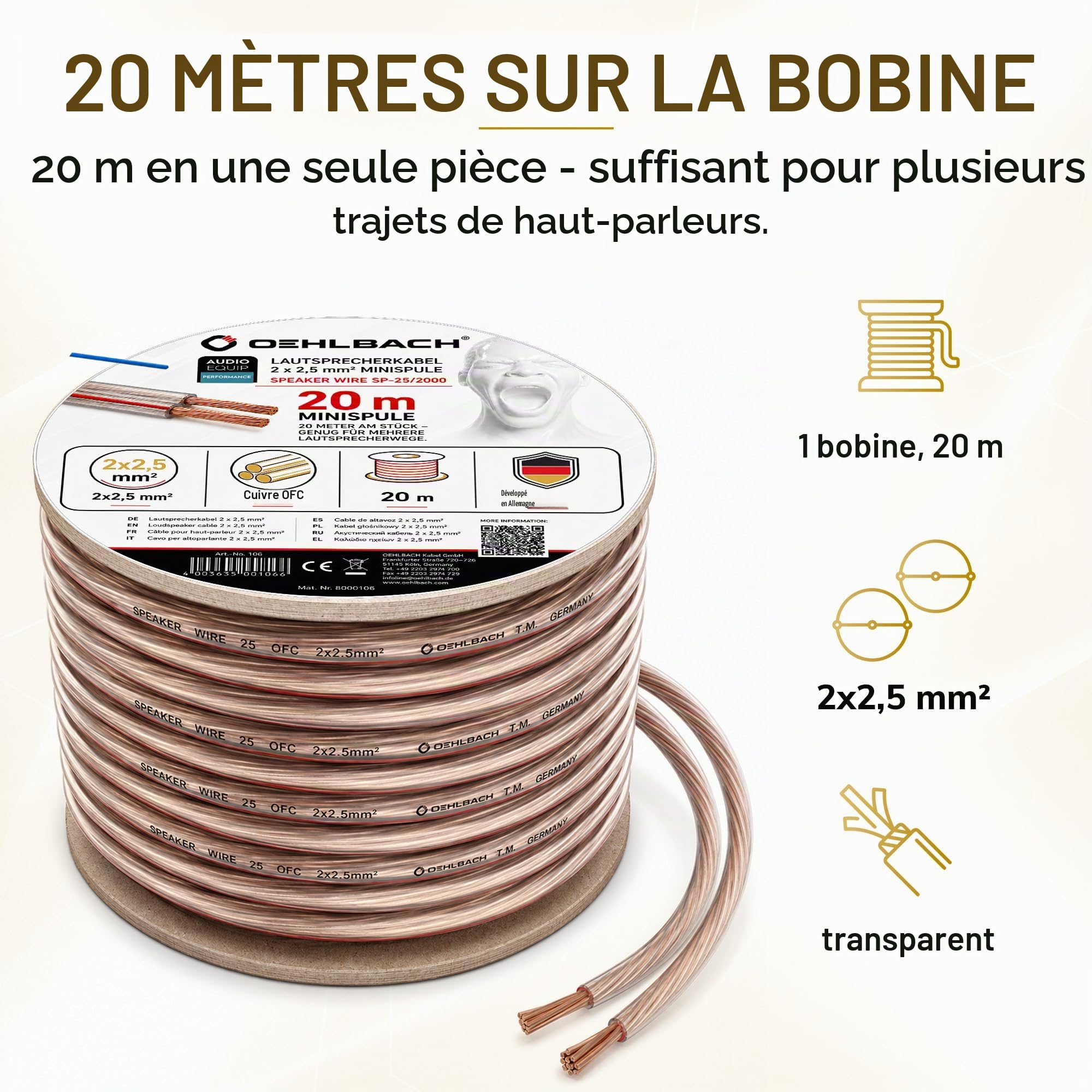 Oehlbach Speaker Wire SP-25 - câble de Haut-Parleur stéréo Hi-FI, câble de Haut-Parleur avec OFC (cuivre sans oxygène) 2x2.5 mm² Mini Coil Speaker Cable - 20m Transparent