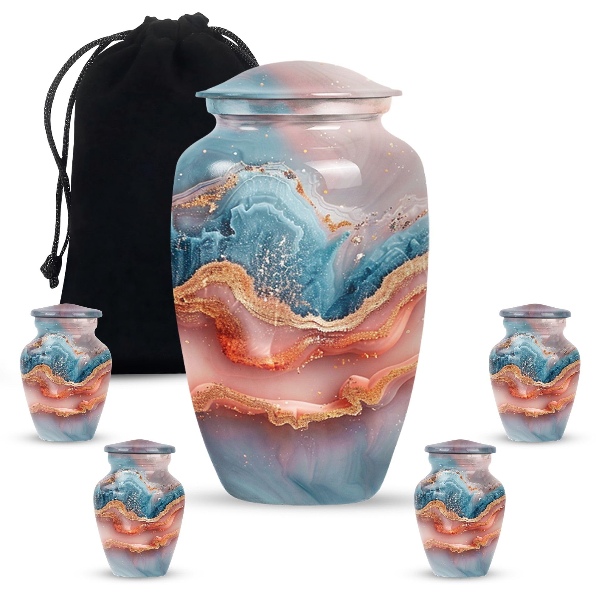 Ocean Sunset - Cremation Urns for Burial - Adult Urn Human Ash - Combo of 1 Large Urn with Velvet Bag and 4 Small - Unique Urns - Urn for Female - Urn for Ashes Adult Male - Funeral Urns