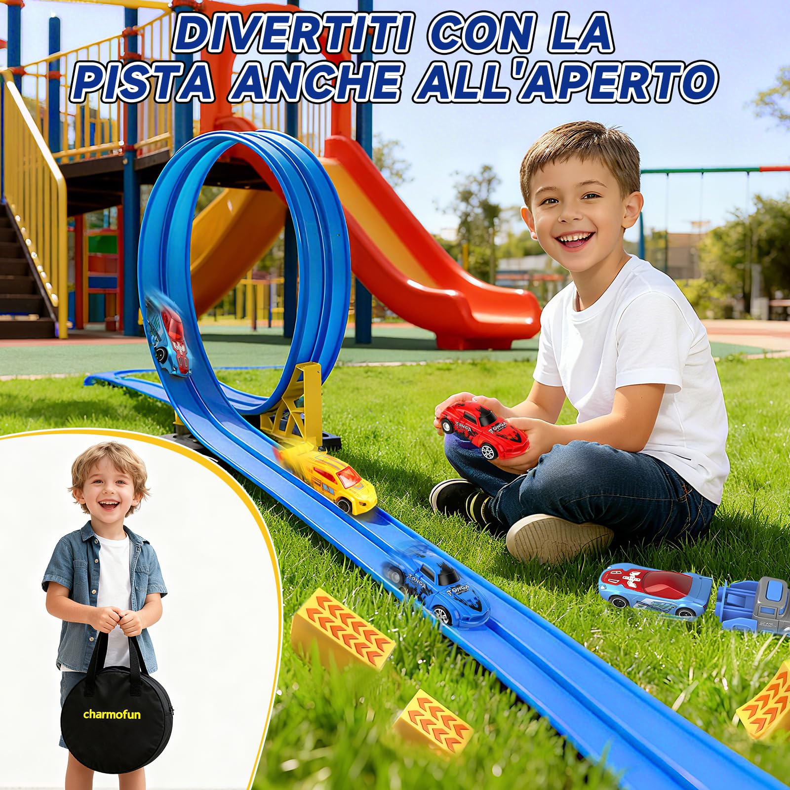 Charmofun Pista Macchinine Flessibile 5M, Giocattolo Piste da Corsa con 4 Auto, Borsa con 4 auto, 2 lanciatori, 8 rampe triangolari e 8 ventose, Portatile Pista per Bambini 3+ Anni (Blu)