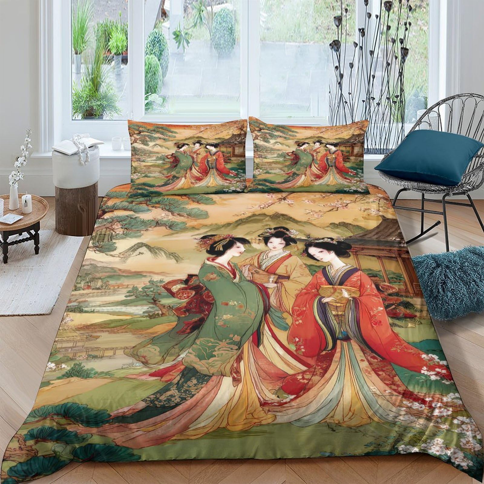 Ctjqhvkz Style-5 3D Printed Ancient Beauty Fitted Sheet Microfiber Soft Breathable Oriental Painting Mattress Cover For Bedroom Guest Room Decor Single（135X200cm）