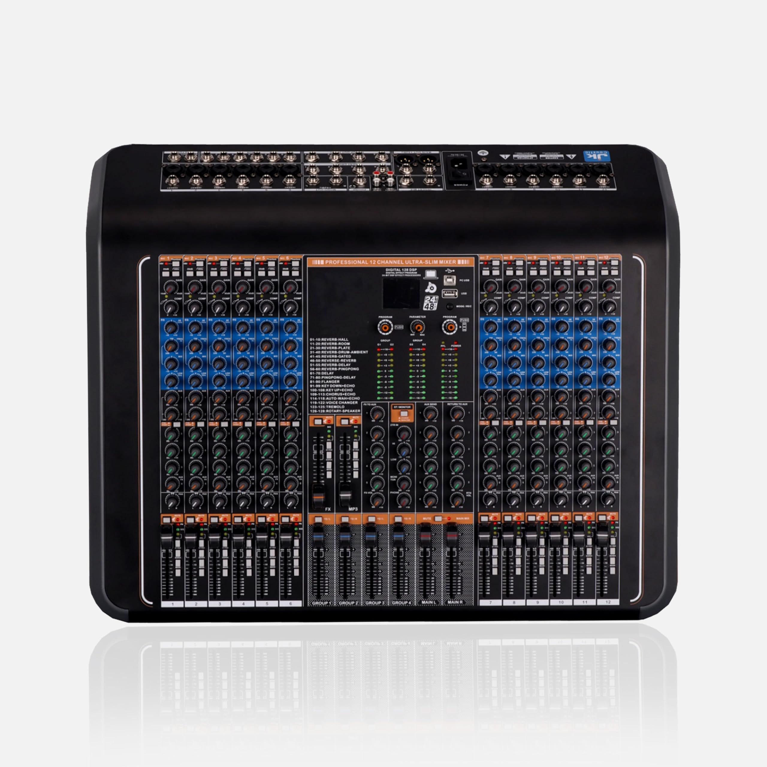 Audio Array AM-Pro12 12-Channel HYBRID USB Mixer 12 channel analog+2 digital 48kHz/16bit,128DSP Fx, Built-In Compressor, 4Group Buses, Inserts,+24dBu Balanced XLR Outs For Live, Studio & Broadcast-image-30