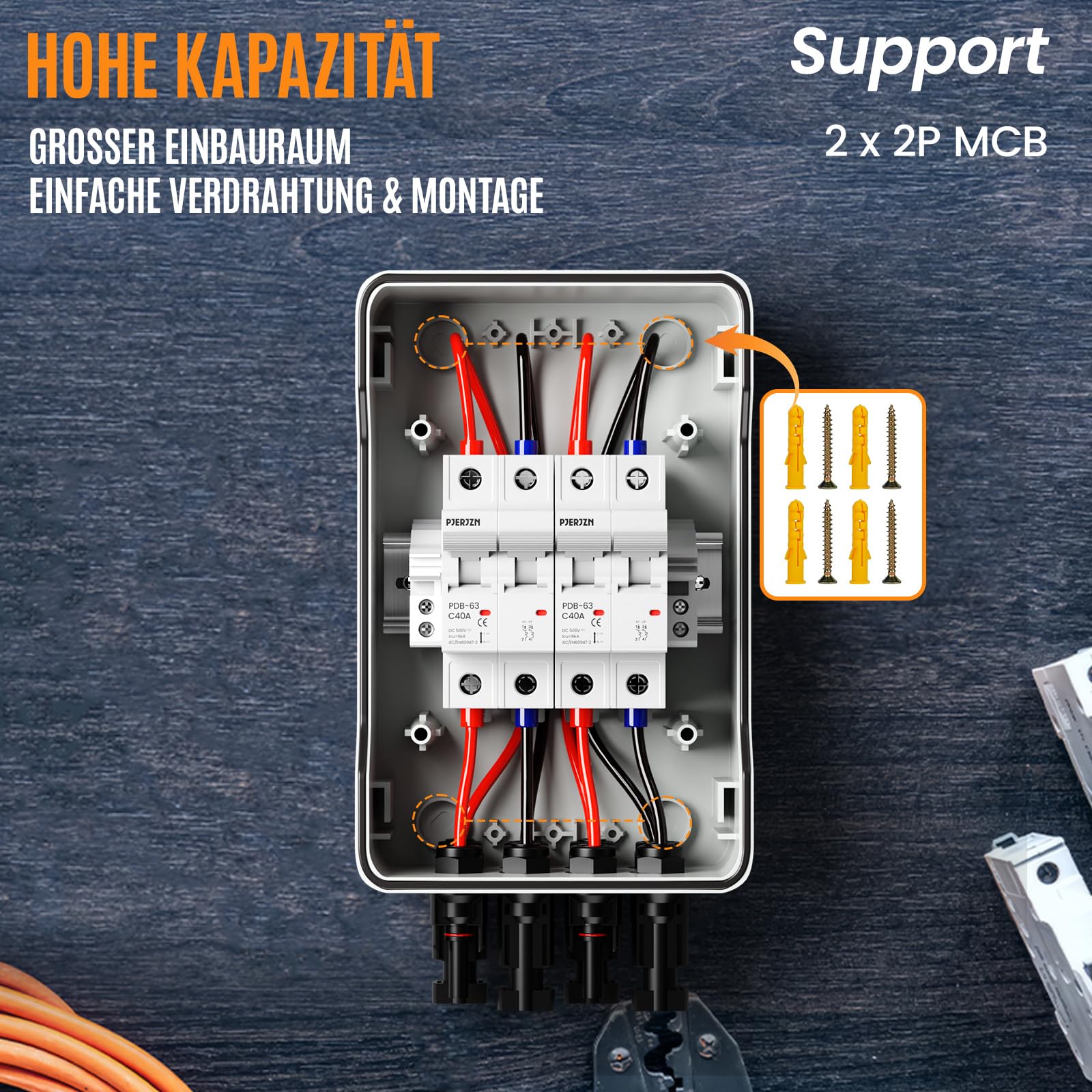 DC Trennschalter PV Anlage 500V 2 String, IP65 Wasserdichte Solar Combiner Box mit 2 polig 40A Leitungsschutzschalter, Kurzschluss- & Überstromschutz（2 in 2 out）