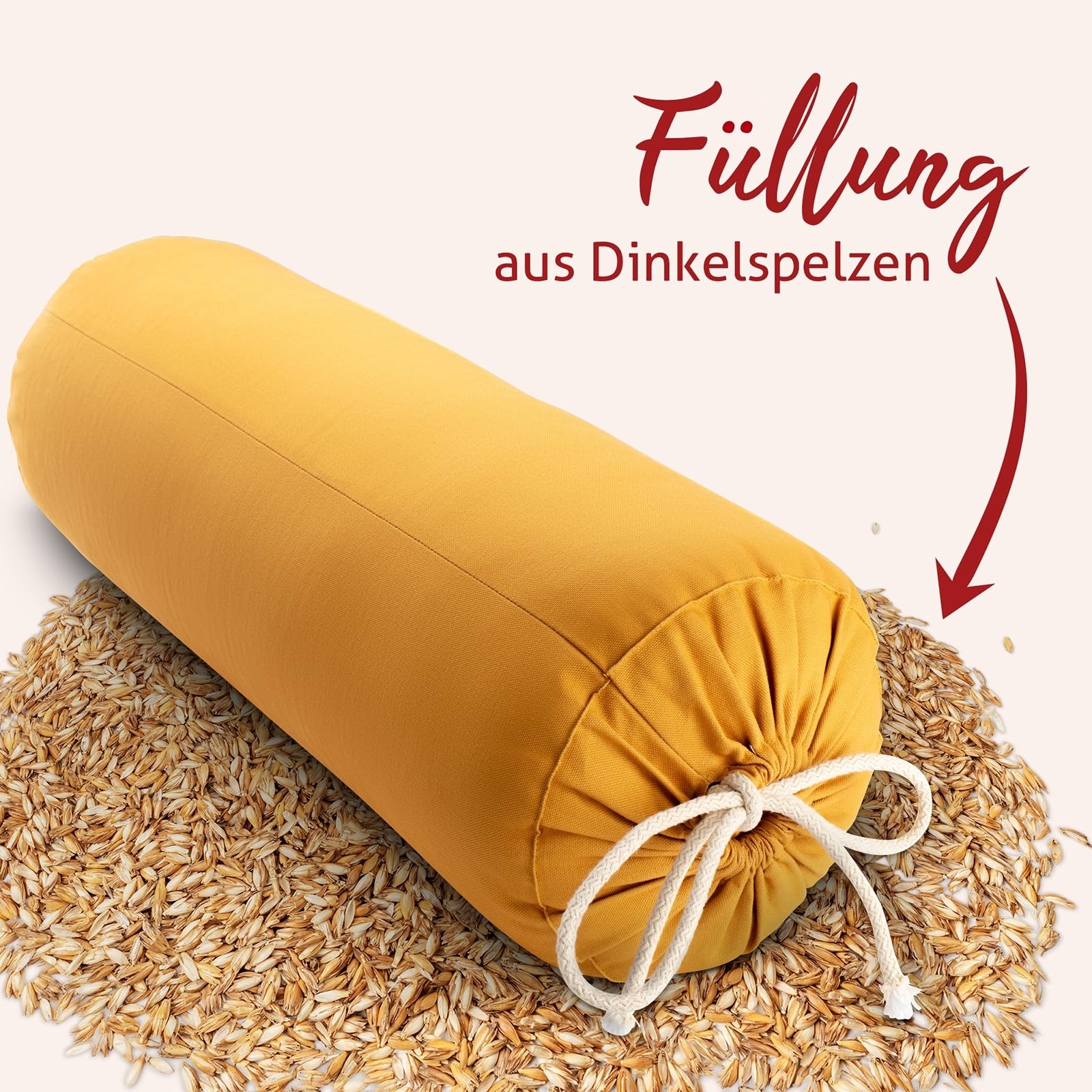 Yoga Bolster – Handmade in Germany, 24cm x 64cm | Yoga Rolle mit praktischem Tragegriff, 100% Dinkelspelz Füllung, Waschbarer Bezug 100% Baumwolle