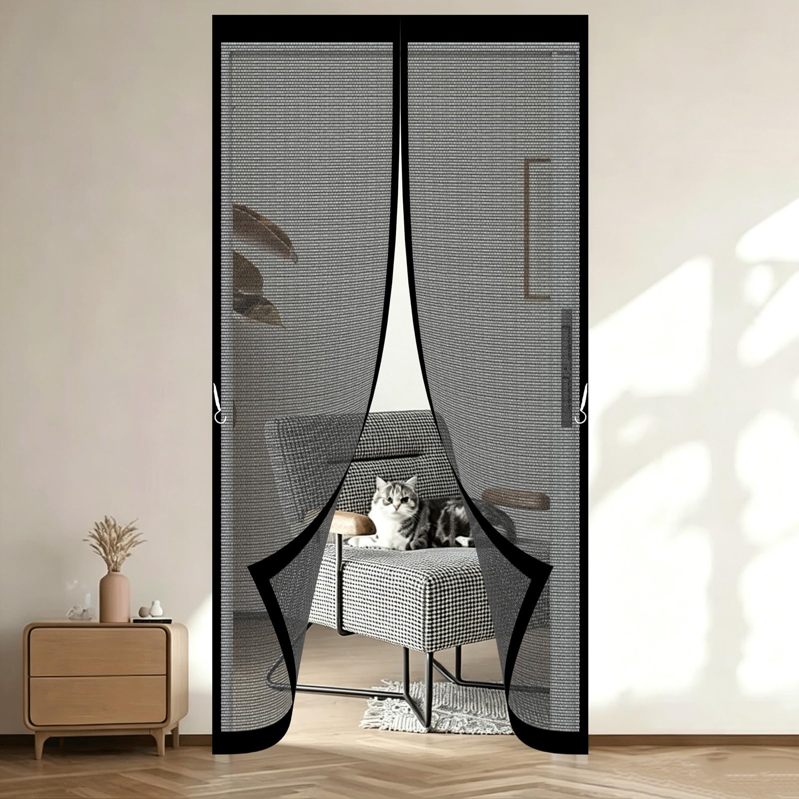 Pshzhim Black Fly Screens For Doors 126 X 184 Cm With Stay Open Buckles Magnetic Top-To-Bottom Seal Snaps Shuts Magnetic Fly Screen For Doors For Home, Living Room, Bedroom, Workshop,