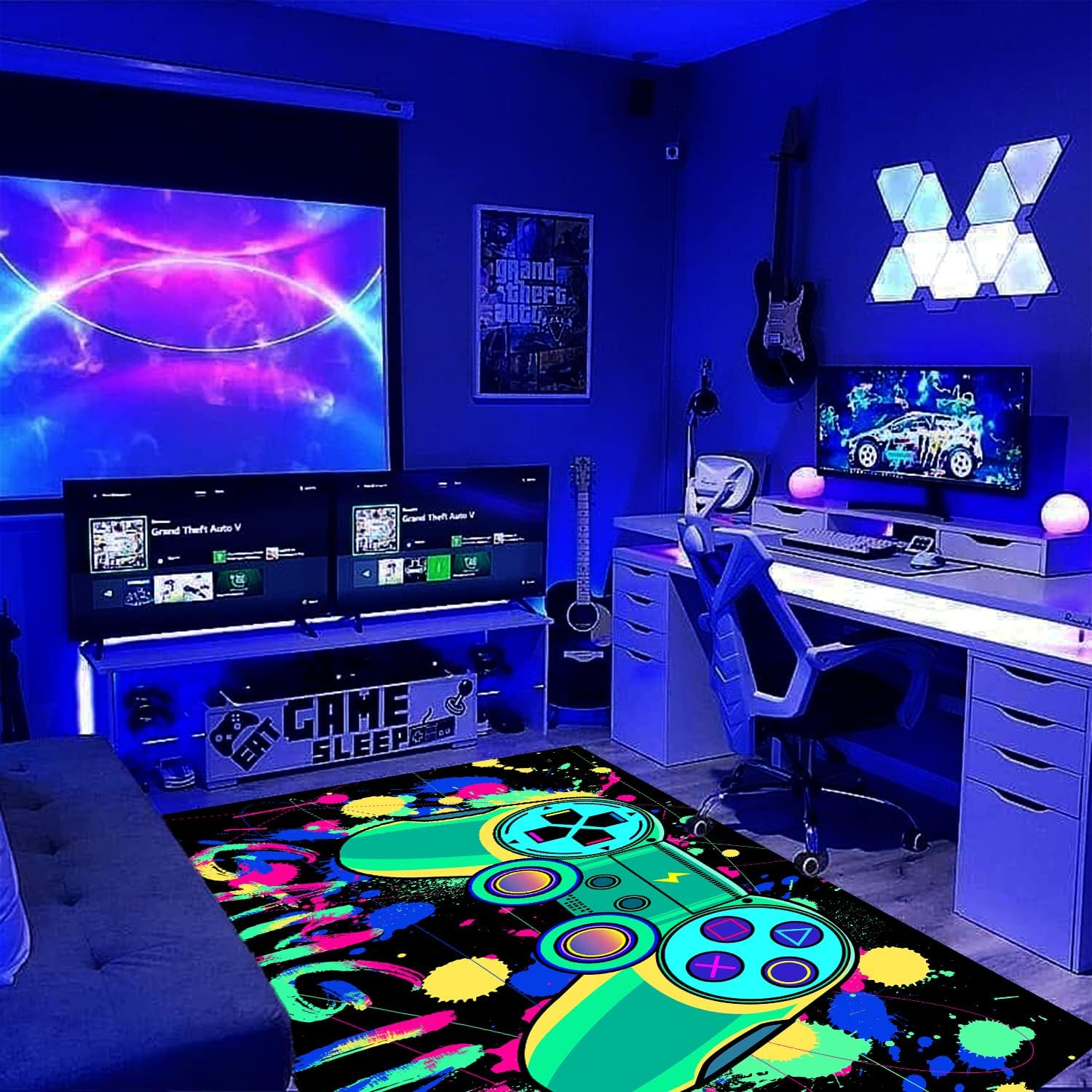 HOLAVIDA Blacklight Gaming Area Rug, Neon UV Reactive 3D Game Controller Carpet, Non-Slip Luminous Fluorescent Play Mat - Image 3