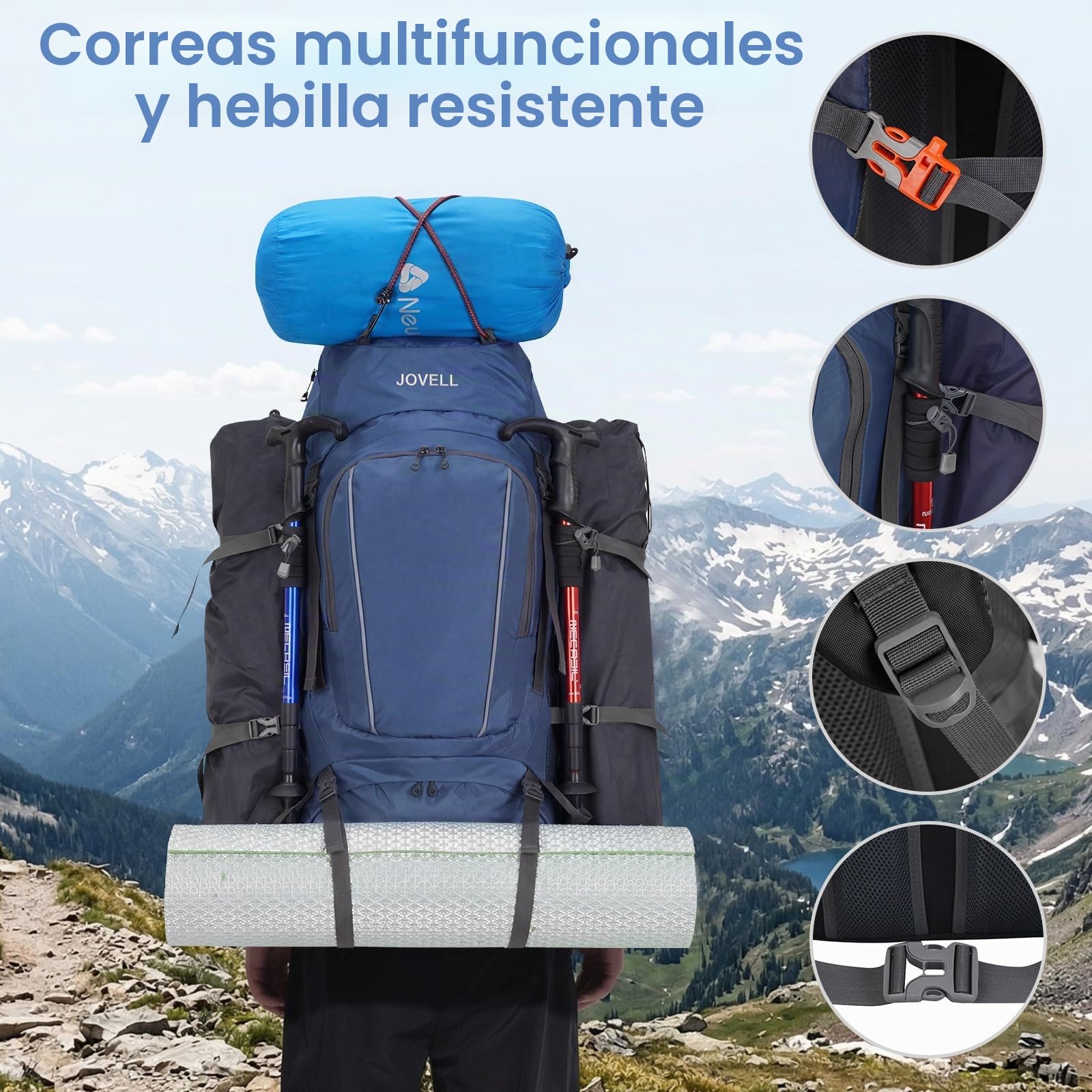 70L Mochila de Senderismo con Cubierta para Lluvia, Paquete de Viaje y Camping para Deporte al Aire Libre, Escalada, Excursionismo y Senderismo, Equipaje de Mochilero para Hombres y Mujeres (Azul)