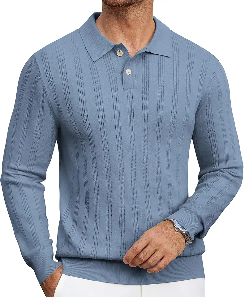 Lexiart Mens Knit Polo Shirt Regualr Fit Lightweight Soft Casual Long Sleeve Striped Golf Polo Shirts