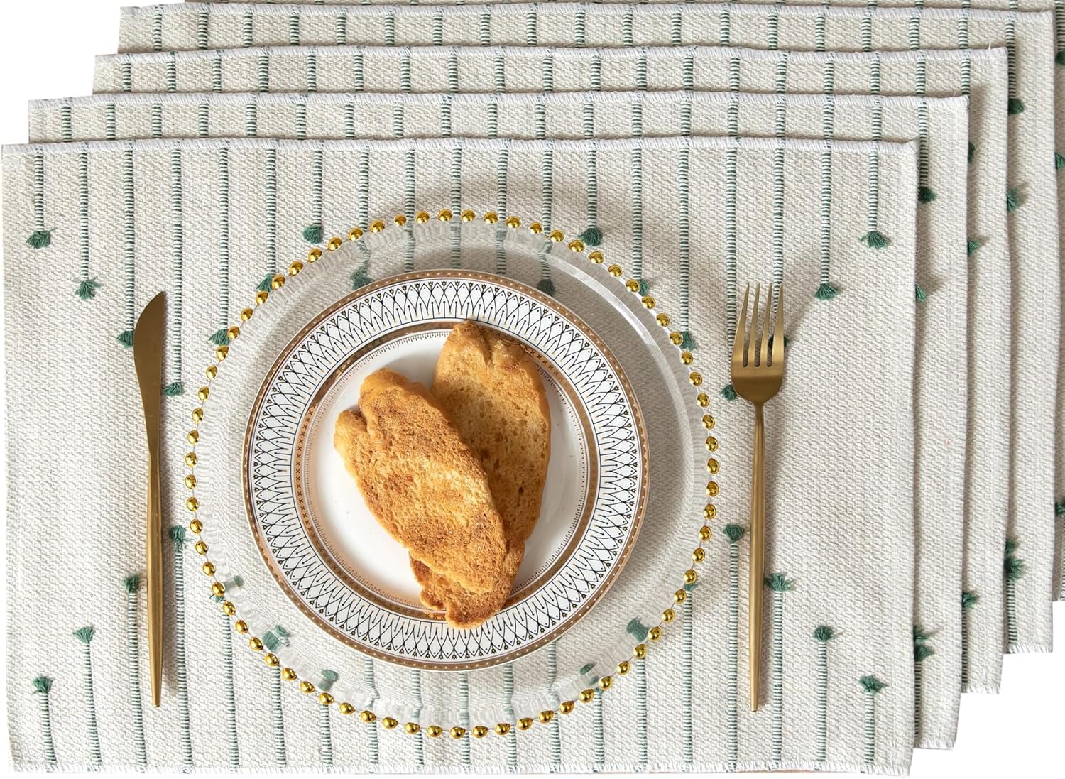 ALSTONIA Handmade Cotton Dining Table Placemats | Heat Resistant Dining Table Place Mats |Kitchen Tabletop|Kitchen Coffee Center Table & Eating Areas (Green & White, 4 Pcs Placemats) (B0DD4BCJXF) Amazon Price History, Amazon Price Tracker