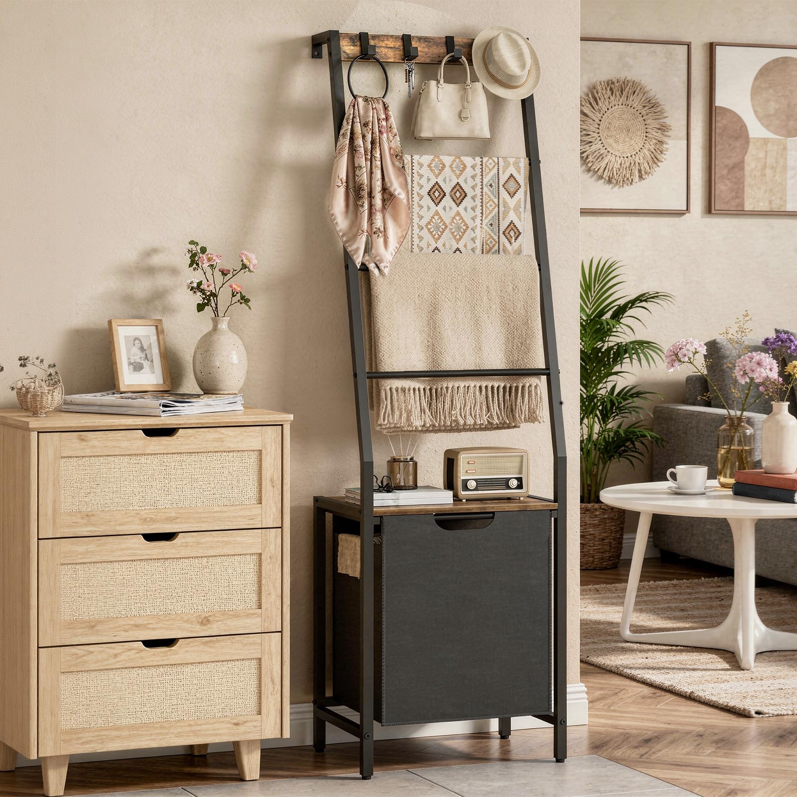 Blanket Ladder, 4-Tier Towel Rack with Pull-Out Laundry Basket & Removable Hooks, Ladder Shelf Stand, Wall-Leaning Blanket Rack for Living Room, Bedroom, Rustic Brown and Black TRHR4401