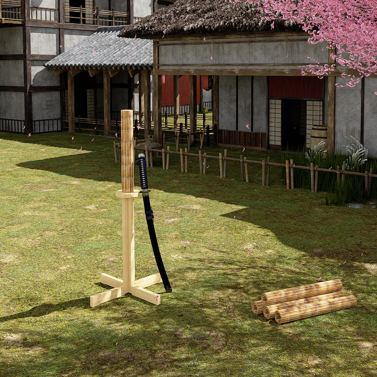 MR Kendo Tameshigiri Übungsständer aus Holz, robuster Tameshigiri-Schwert-Übungsständer, 109,2 cm, natürliches Gummibaumholz, Kendo-Stick, Katana-Schwert, Testschneiden, Holz-Schnullerhalter, matt