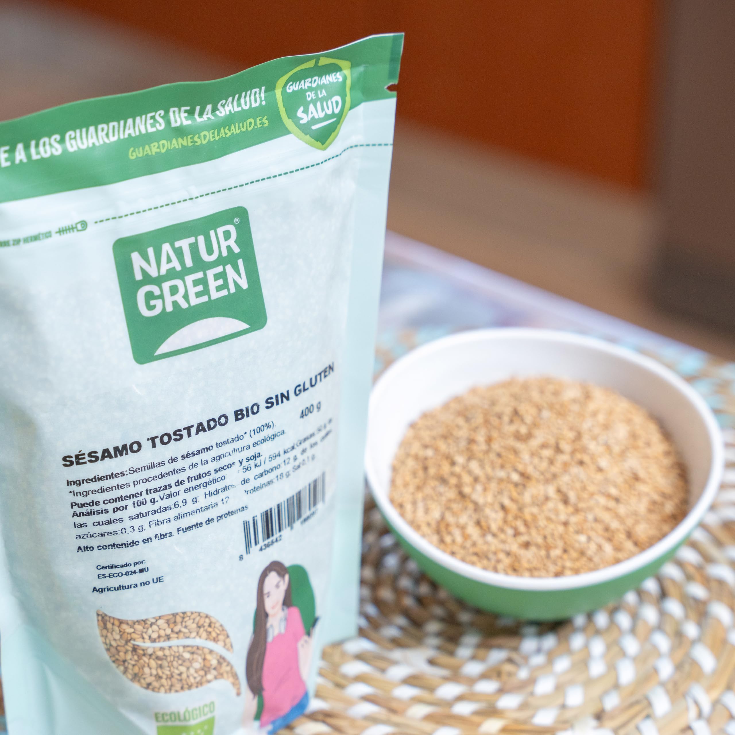 NaturGreen - Sésamo Tostado Bio 400 g, 100% Fruto Seco Tostado Eco, Fuente de Calcio, Proteína y Fibra, Sin Gluten, Sin Azúcares, Vegano, Ensaladas, Panes, Salsas y Galletas