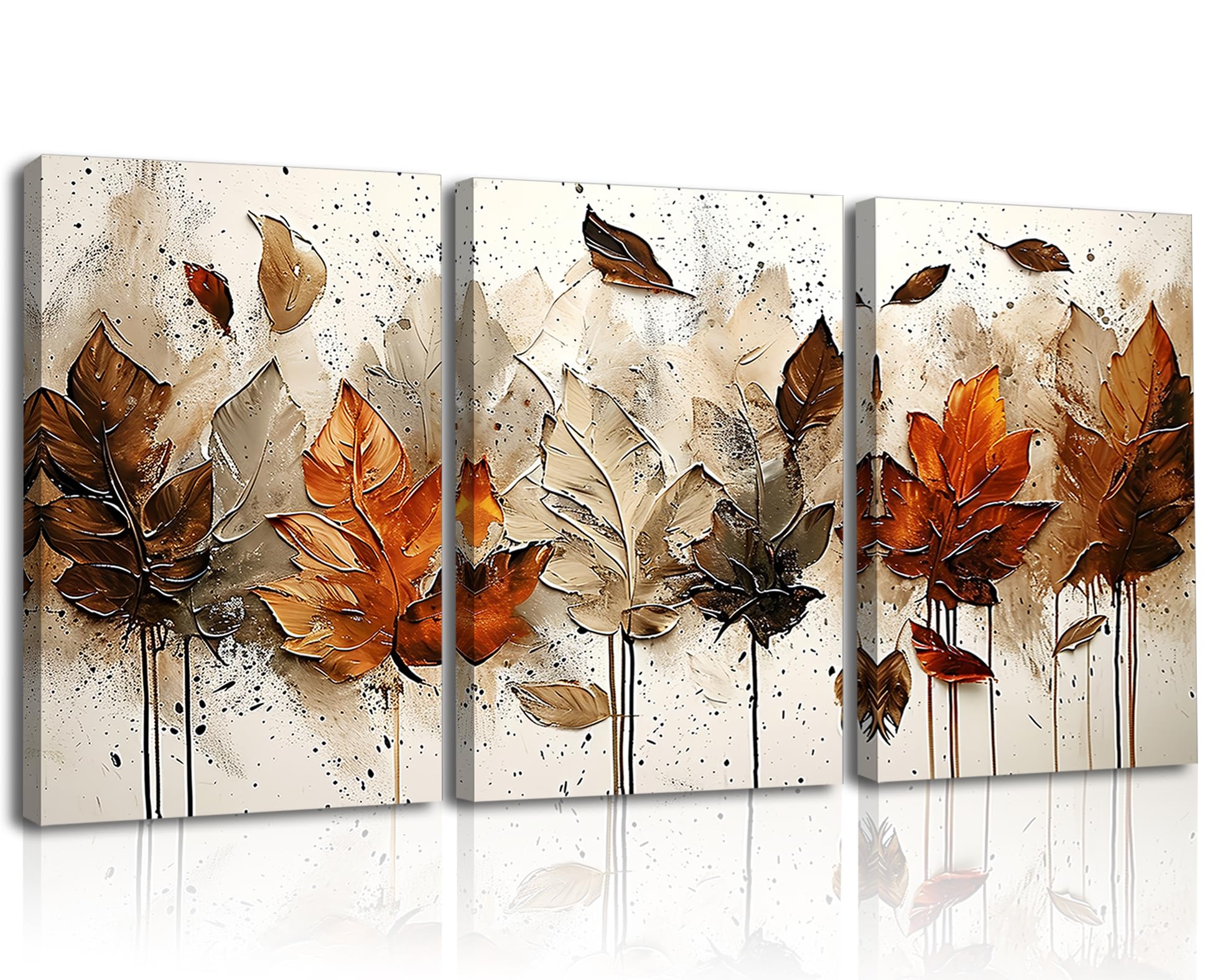 Piy Painting 3er Wandbilder Set, Leinwandbilder Mit Blättern, Vintage Kunstdrucke, Leinwand Bilder Natur, Bild Mit Rahmen, Dekorative Gemälde Für Wanddeko Schlafzimmer Wohnzimmer Flur Büro 58 x 40 cm