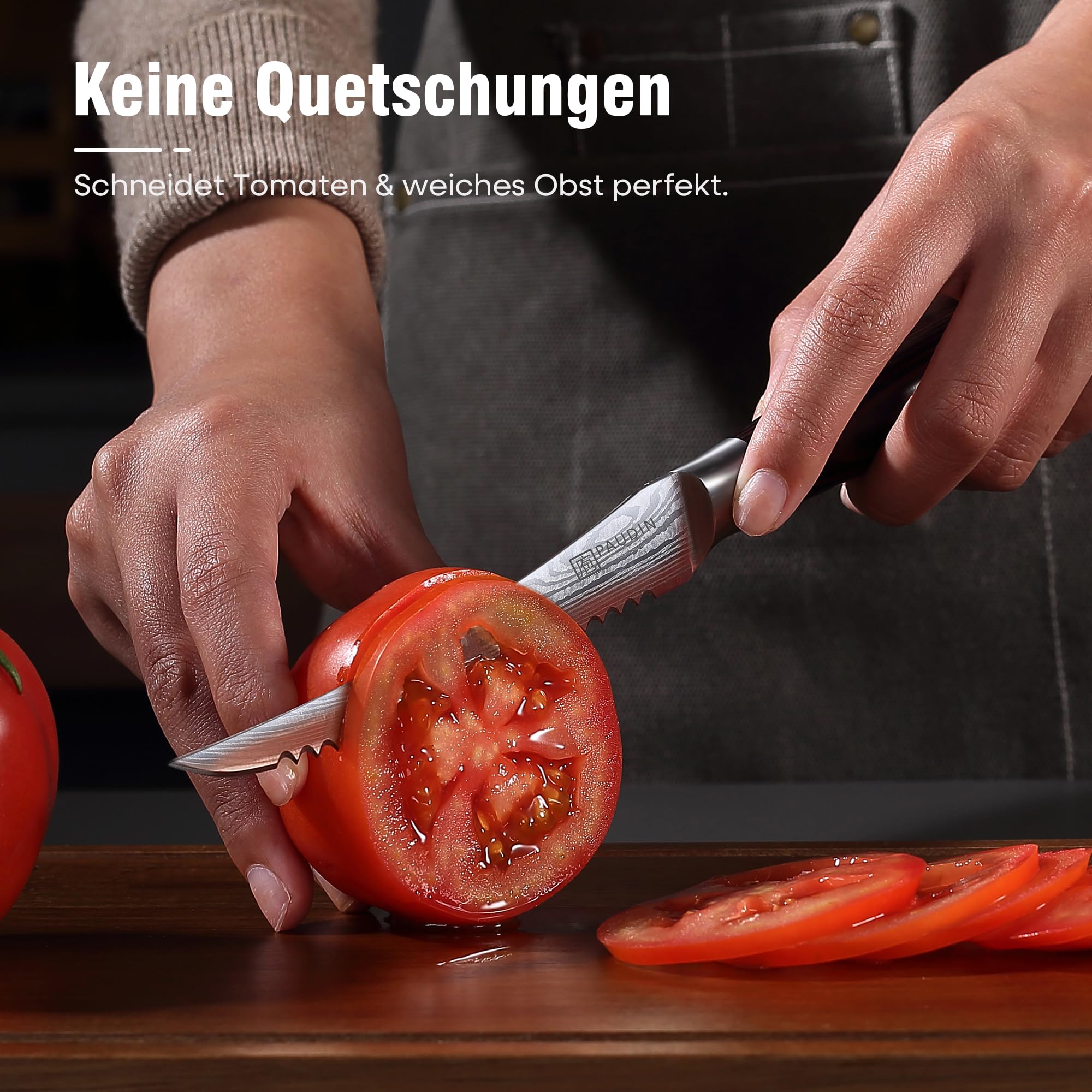 PAUDIN Tomatenmesser 13 CM, Professionelles Küchenmesser für Tomaten, Messer für weiches Obst und Gemüse, Anti-Haft frühstücksmesser, buttermesser mit Scharfes Klinge und Ergonomischer Holzgriff