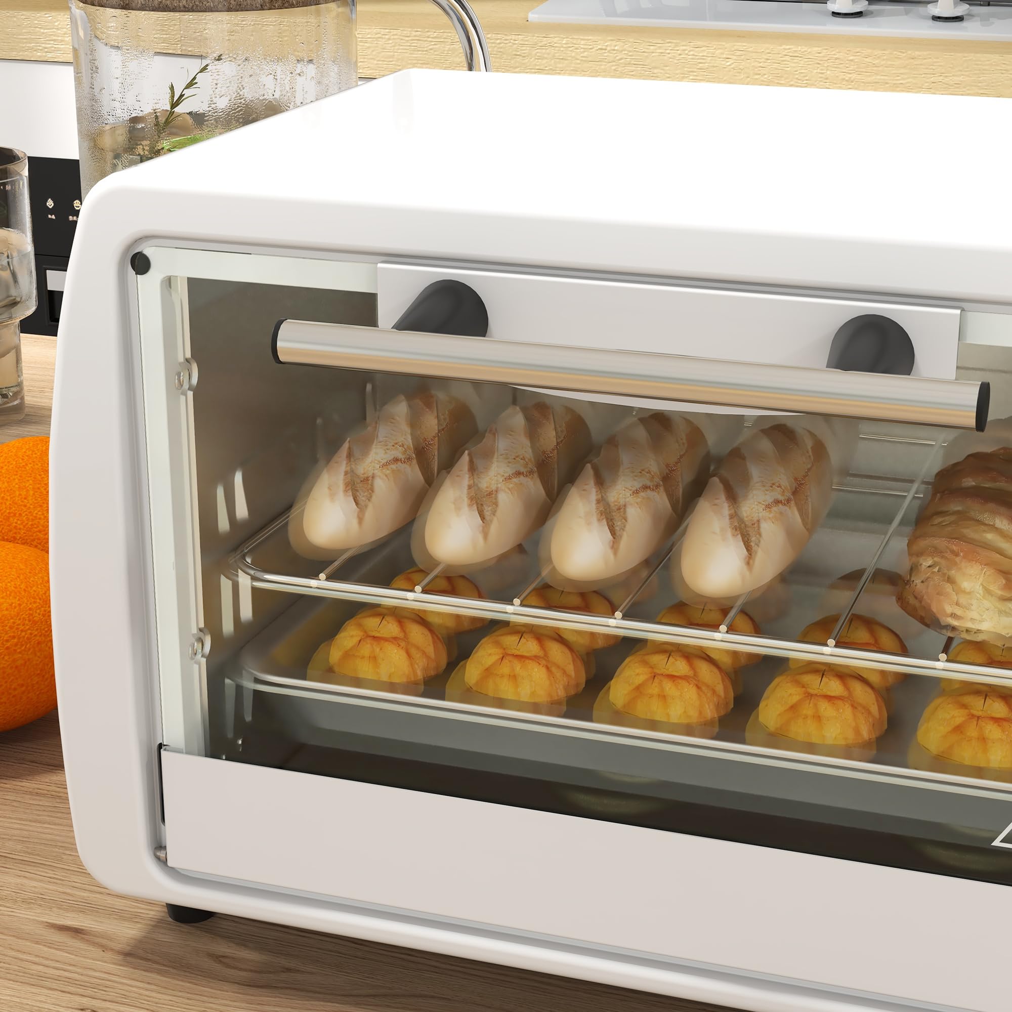 HOMCOM Forno elettrico da tavolo 10 litri 750W Piccolo forno elettrico con temperatura fino a 230 ℃ Timer 60 minuti Vassoio e cestello 36,5x26x22 cm Bianco