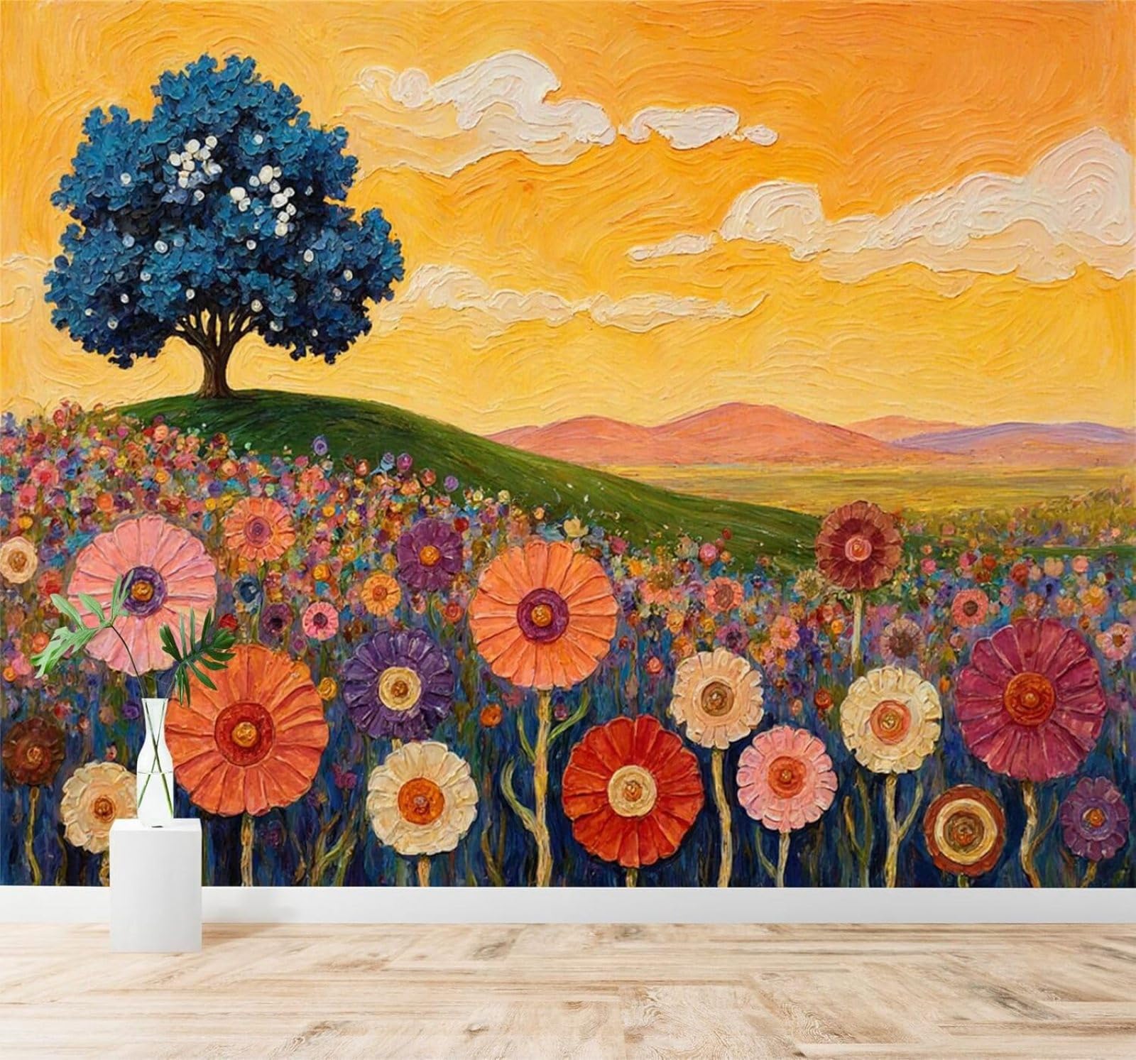 XLMING Hills Blue Trees Colourful Wildflowers Sunset Sky 3D Wallpaper Silky Texture Home Study Office Grey Dining Room Sofa Bedroom Living Room TV Backdrop-350cm×256cm