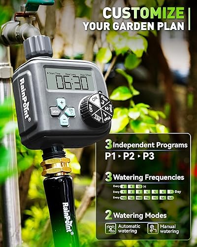 Miniatura 3 de RAINPOINT Temporizador de riego con 3 programas independientes, temporizador de manguera con retardo de lluvia, sistema de riego manualautomático,