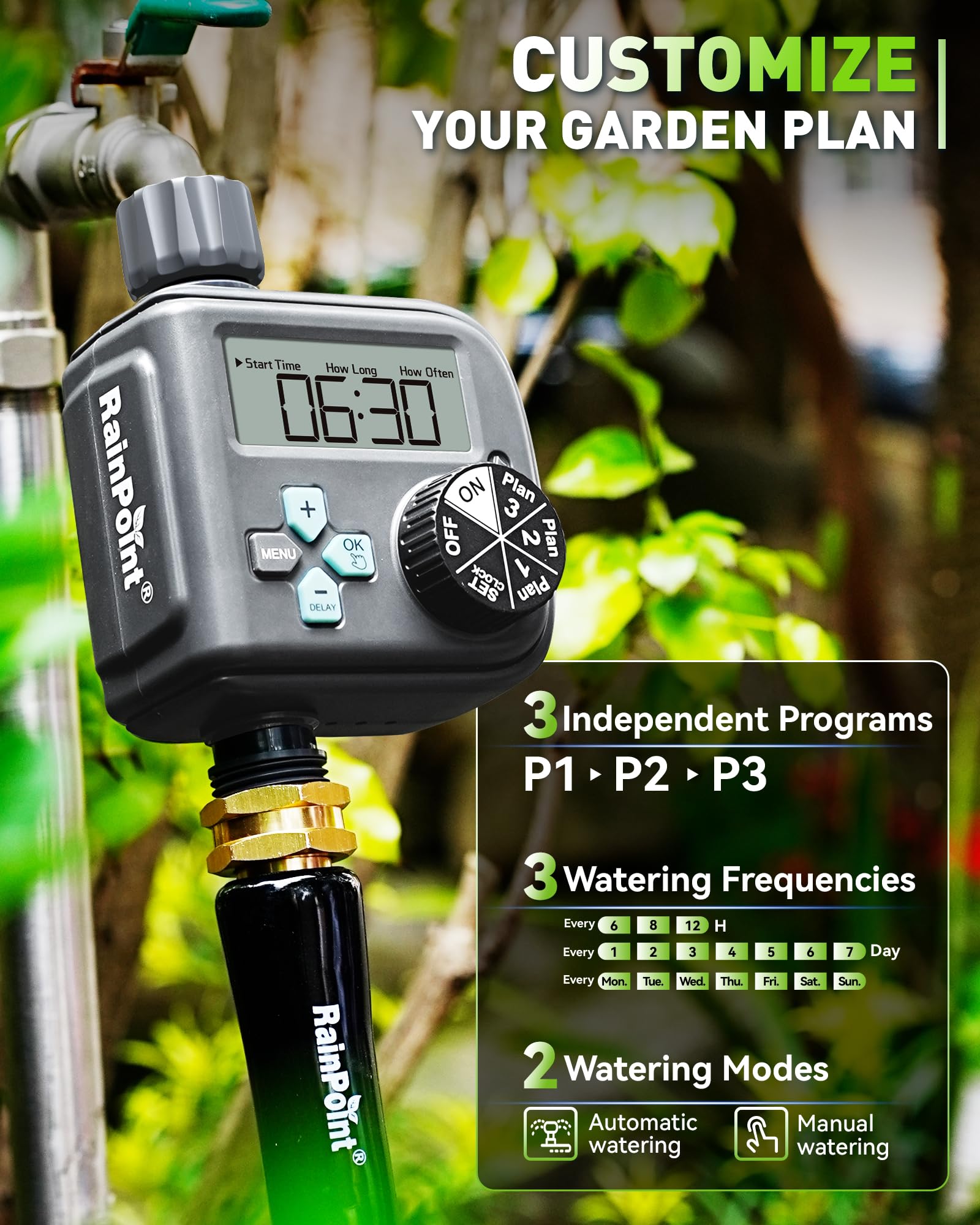 RAINPOINT Timer per irrigazione, acqua programmabile per tubo rubinetto da giardino, timer per irrigazione manuale digitale per esterni, per prati da giardino