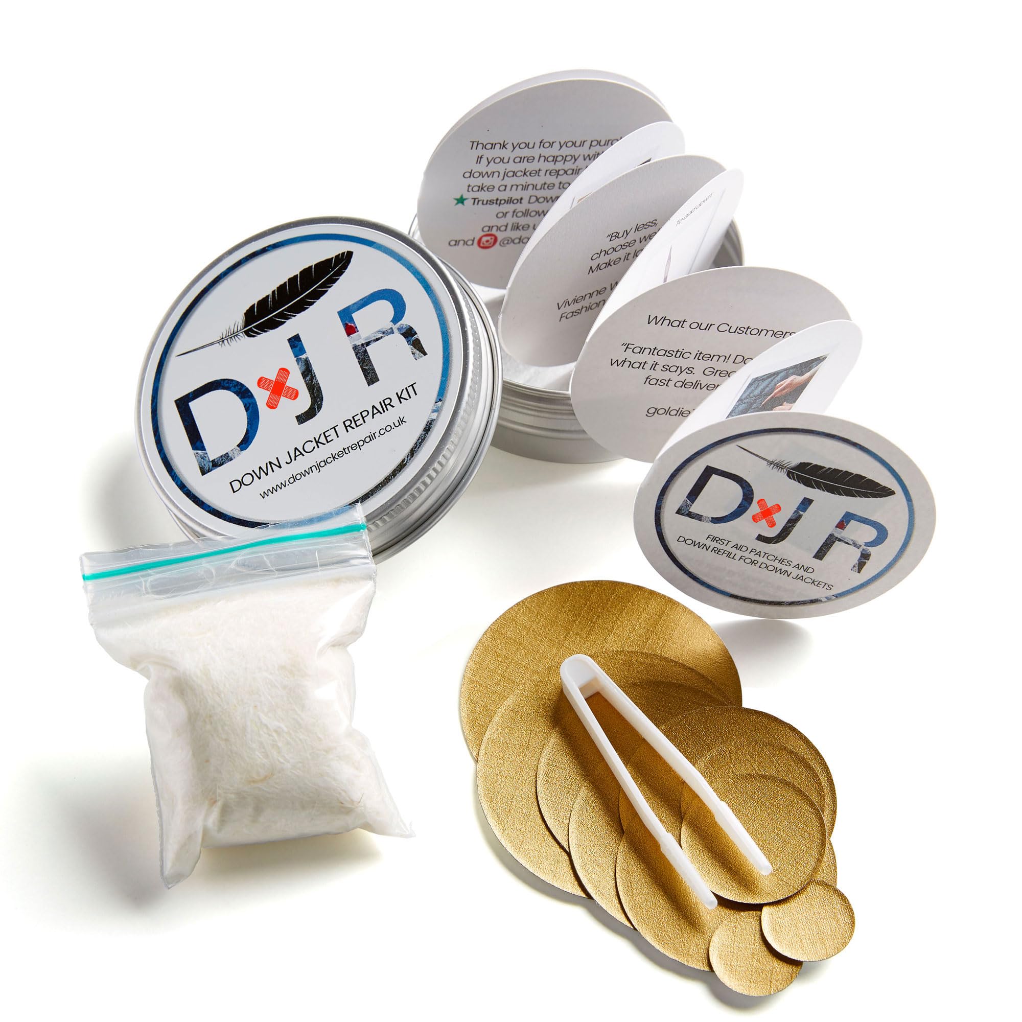 DJR COMPLETE DOWN JACKET REPAIR KIT - 10 Easy to Use, Pre-Cut, Self-Adhesive, Waterproof, Tear-Resistant Patches + 1g Pure Goose Down to Fix Holes in Down Jackets, Outdoor Gear (Gold)