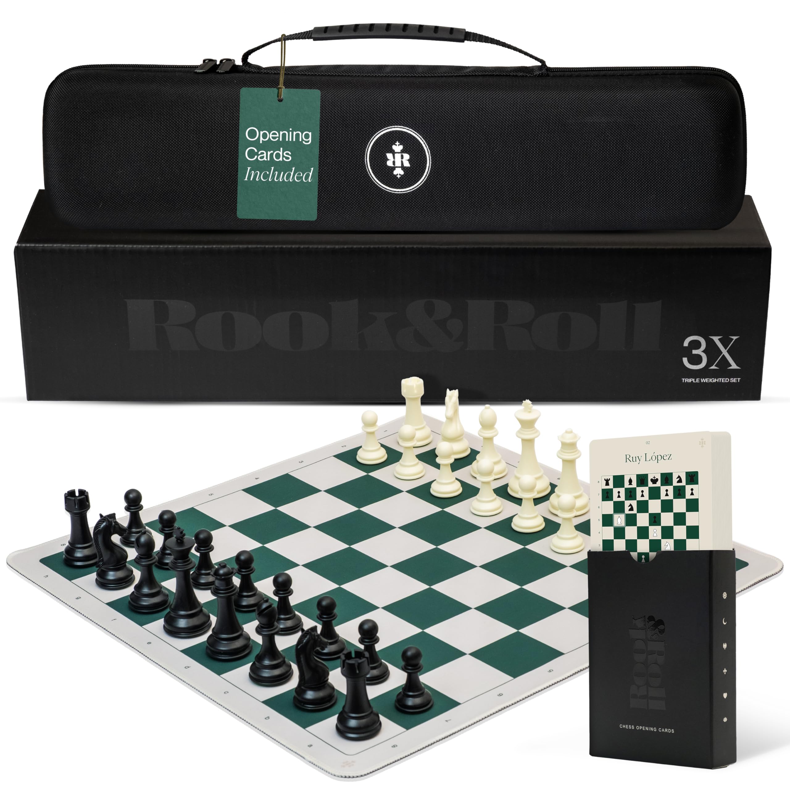 Rook & Roll Tournament Size Chess Set for Adults 15+ with 54 Opening Cards, 20”x20” Roll Up Mousepad Board, Triple Weighted Staunton Pieces, 3.75” King, 2.2 oz, 2 Extra Queens, EVA Case