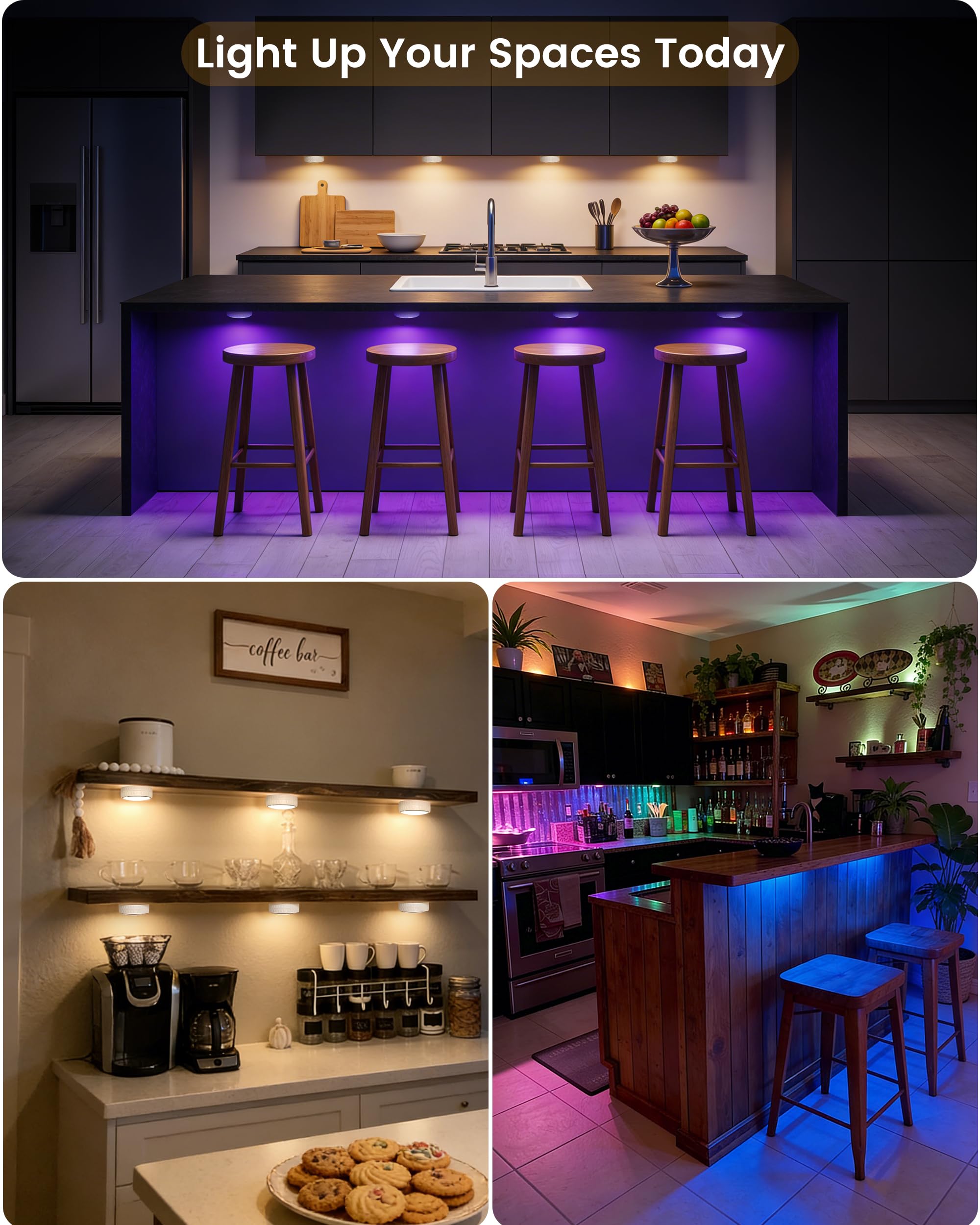 TECOMLIGHT Luci a disco con telecomando, funzionamento a batteria, senza fili, per illuminazione sotto armadietto, da attaccare al rubinetto, per cucina, scaffale, confezione da 6, colore: bianco
