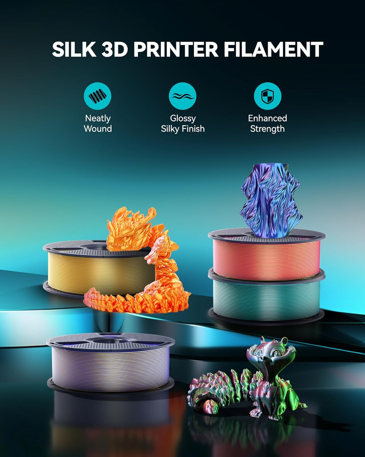 SUNLU Silk Quadruple Color PLA Filament Bundle Muticolor, Neatly Wound Shiny Silk 3D Printer Filament 1.75mm ±0.02mm, Individually Vacuum Packed, 0.25kg per Spool, 1kg in Total, 4 Pack.