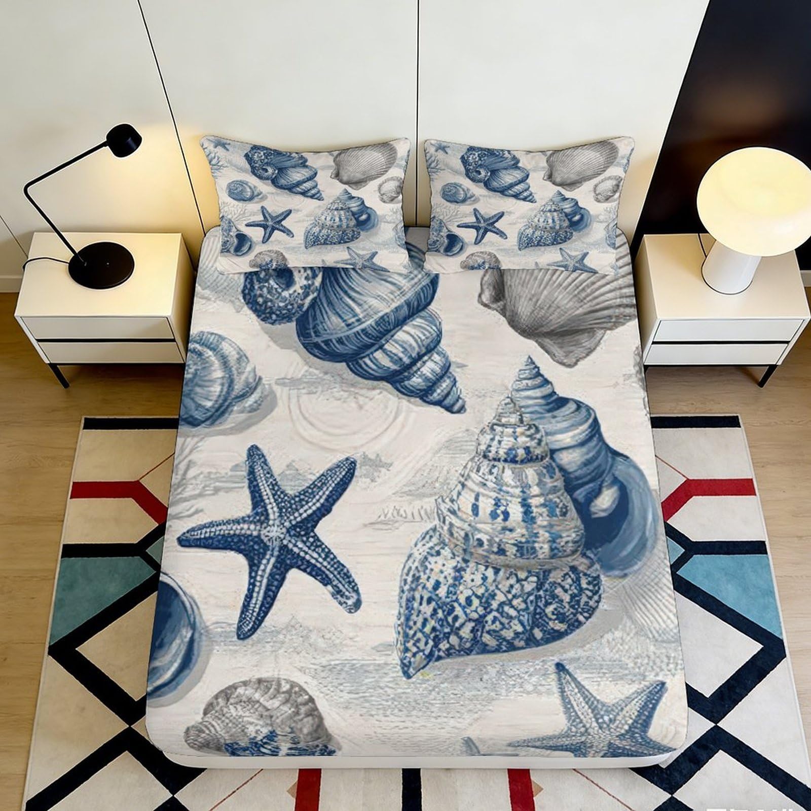 3D Printed Ocean Shells Fitted Sheet Microfiber Soft Blue Starfish Mattress Cover for Bedroom Guest Room Decor 90x200x25cm