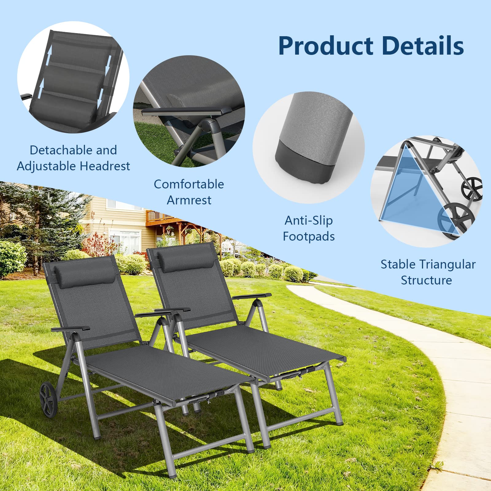 GIANTEX Sonnenliege Klappbar, Liegestuhl mit Rollen, Kopfkissen & 7 stufig Verstellbarer Rückenlehne, wetterfeste Gartenliege bis 150 kg belastbar, Relaxliege für Garten, Terrasse & Balkon