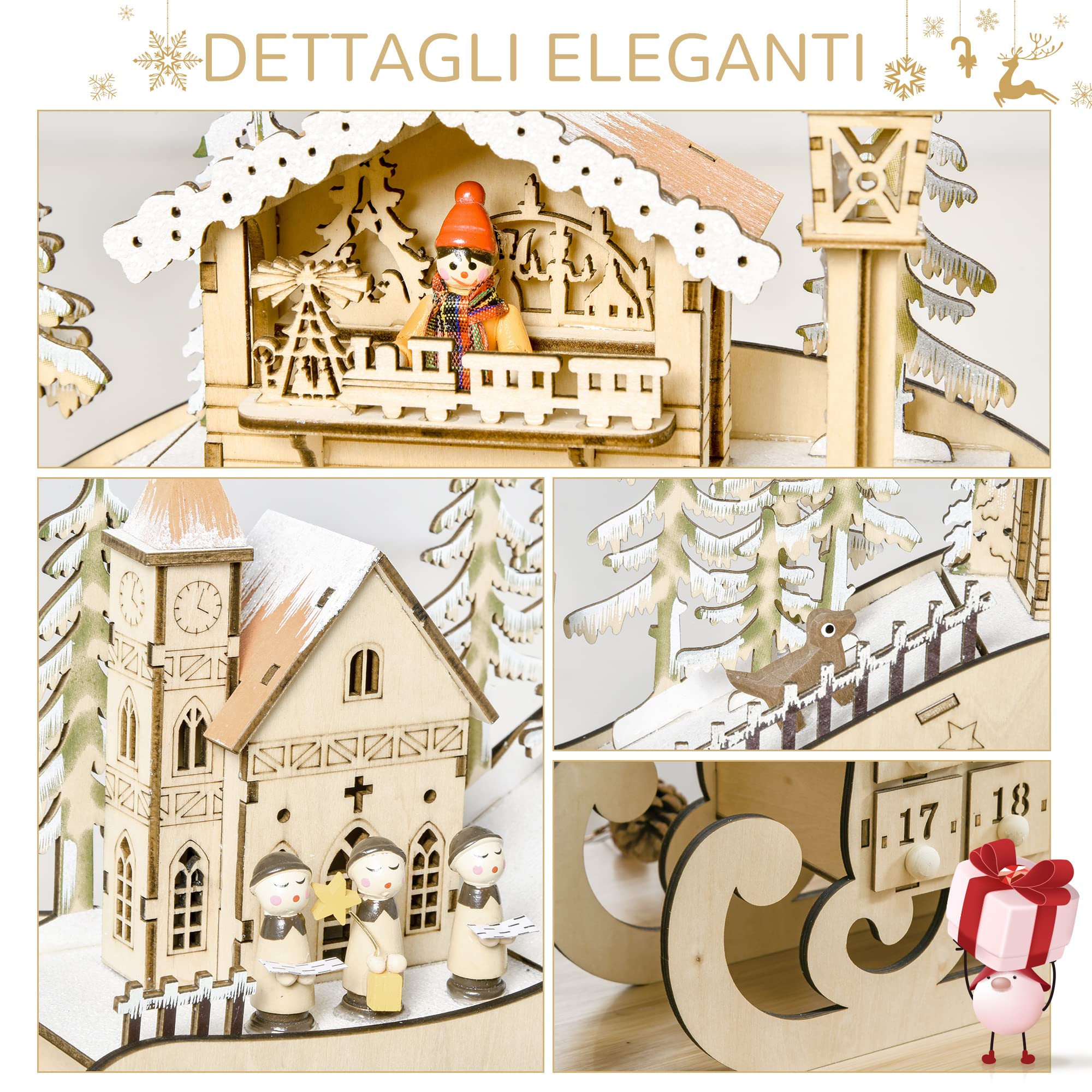HOMCOM Calendario dell'Avvento in Legno a Slitta 24 Cassetti 45x10x31cm | da Riempire, Decorazioni, Luci a LED