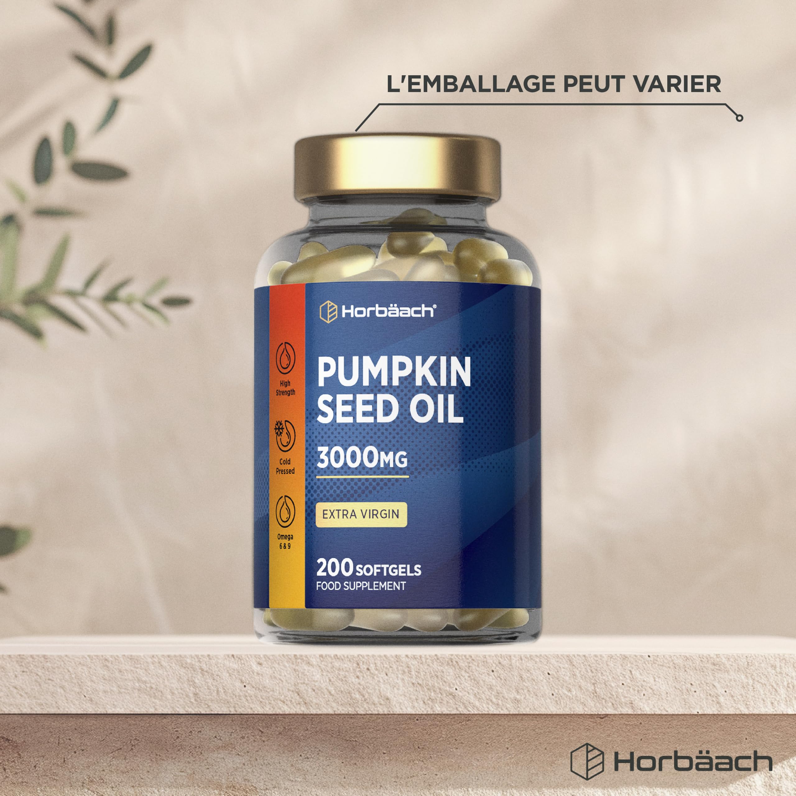 Huile de Pépin de Courge 3000mg | Pumpkin Seed Oil | 200 gélules | Huile de Graines de Citrouille | Pressé à froid et extra vierge | Horbaach
