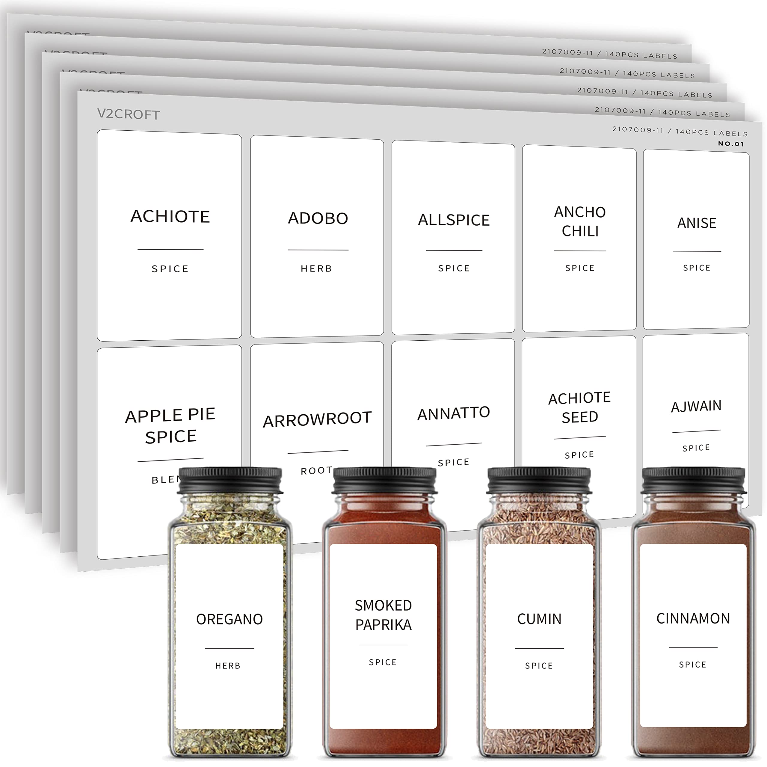 v2croft Spice Jar Labels,140 pcs Minimalist Preprinted White Sticker Black Text, Farmhouse Modern Waterproof Label Organization for Glass Bottles Containers, Herb Seasoning, Kitchen Pantry
