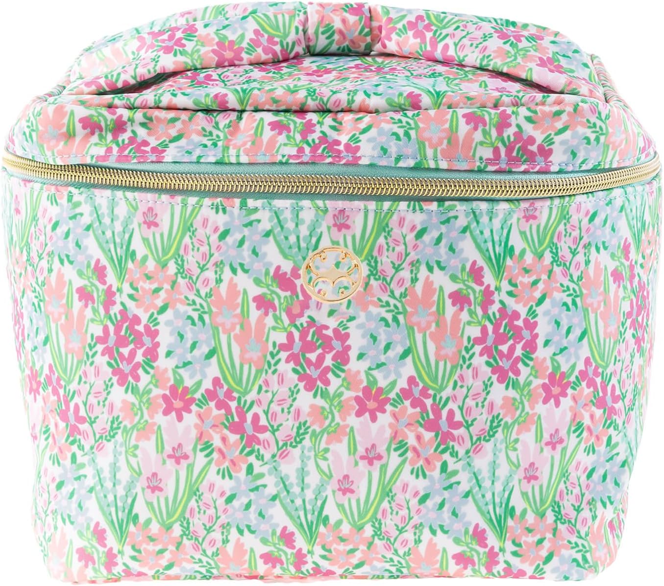 Mary Square Happy Blooms Ultraglam 11 x 7.5 Inch Mint Green Pink and Blue Nylon and Polyester Make Up Cosmetic Bag with Gold Tone Accents