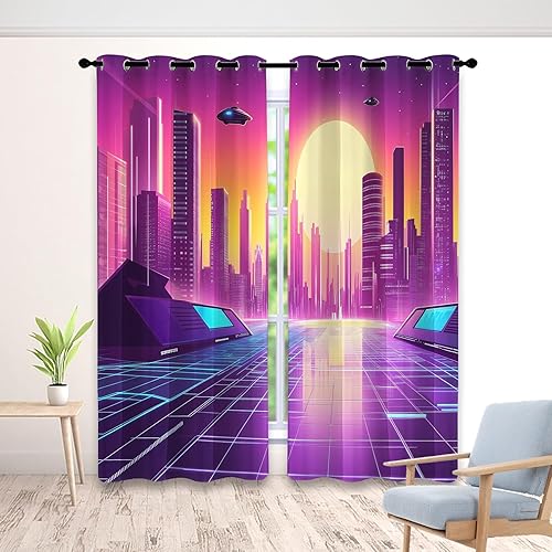 Synthwave Neon Blackout Curtains for Bedroom 54 inch Length 2 Panels, 80s Retro Sunset Curtains for Living Room Decor, Cyberpunk City Drapes,