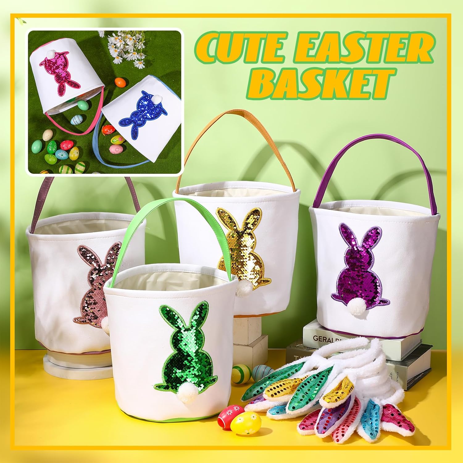 Domensi 12 Pcs Easter Basket Set for Kids Canvas Easter Baskets with Handles and Plush Bunny Ear Headbands, Reusable Small Bags Bulk for Egg Hunt Supplies(Bright Style)