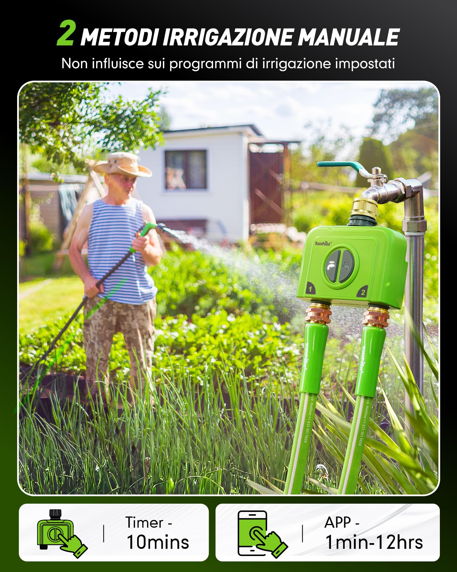 RAINPOINT Centralina Irrigazione WiFi 2 uscite, ssenza Gateway dell'antenna, deve essere utilizzato con Gateway HWG023(2,4 GHz) / HWG040 (Ethernet e 2,4 GHz), Ingresso in Ottone, IP65 Timer