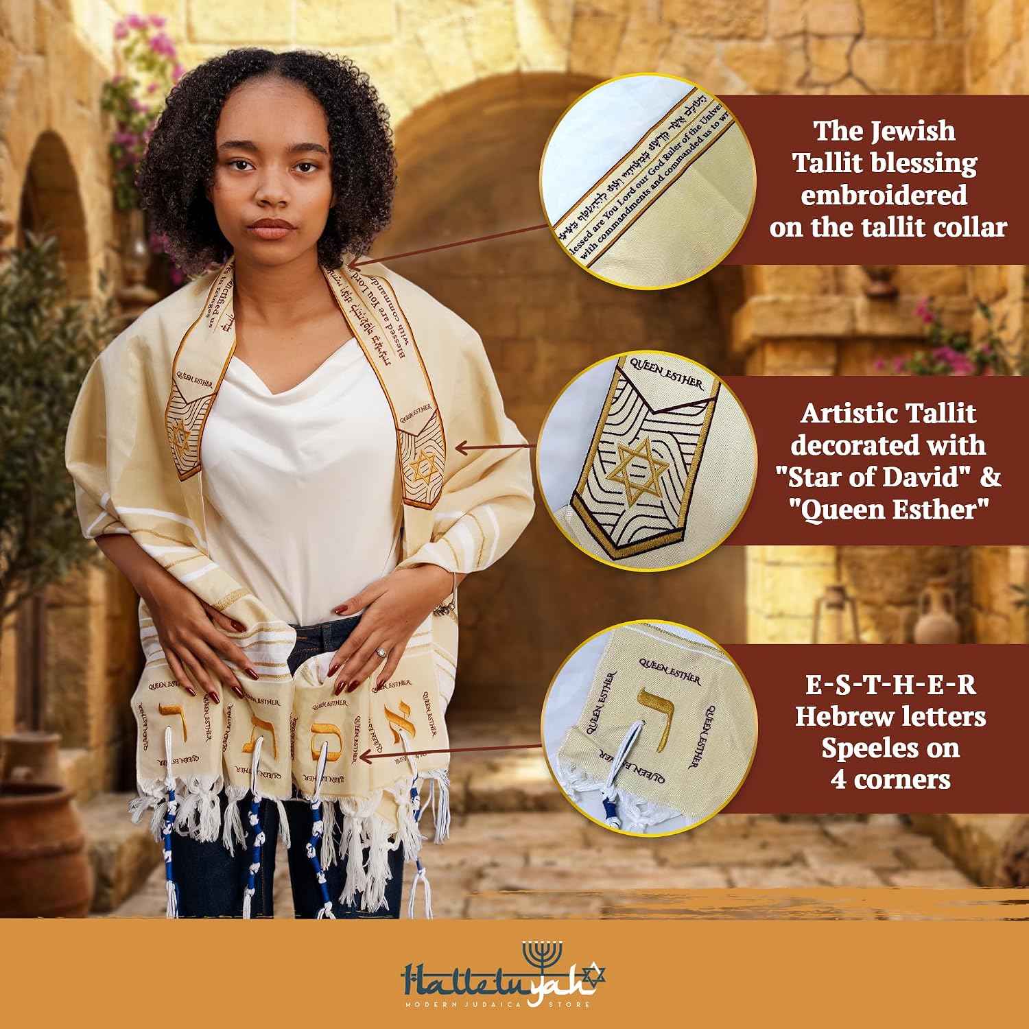 HalleluYAH Queen Esther Tallit Prayer Shawl 72"x 22" with Bag | Designed in Israel
