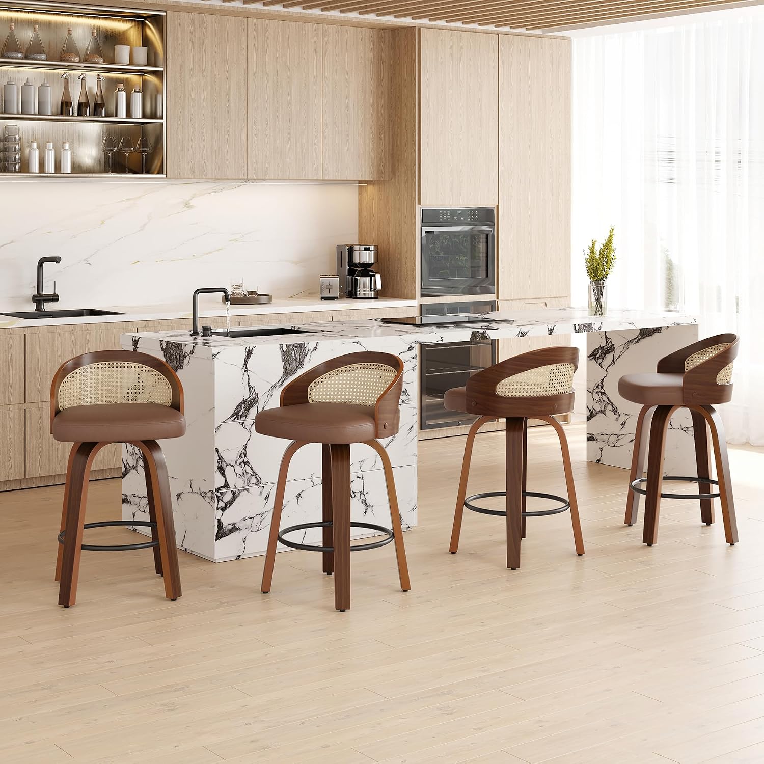 Swivel Bar Stools Set of 2, Modern Wood Frame with Rattan Back, PU Leather Stool for Kitchen Counter, Mid Century Upholstered Barstools with Footrest,Industrial Counter Height Stools