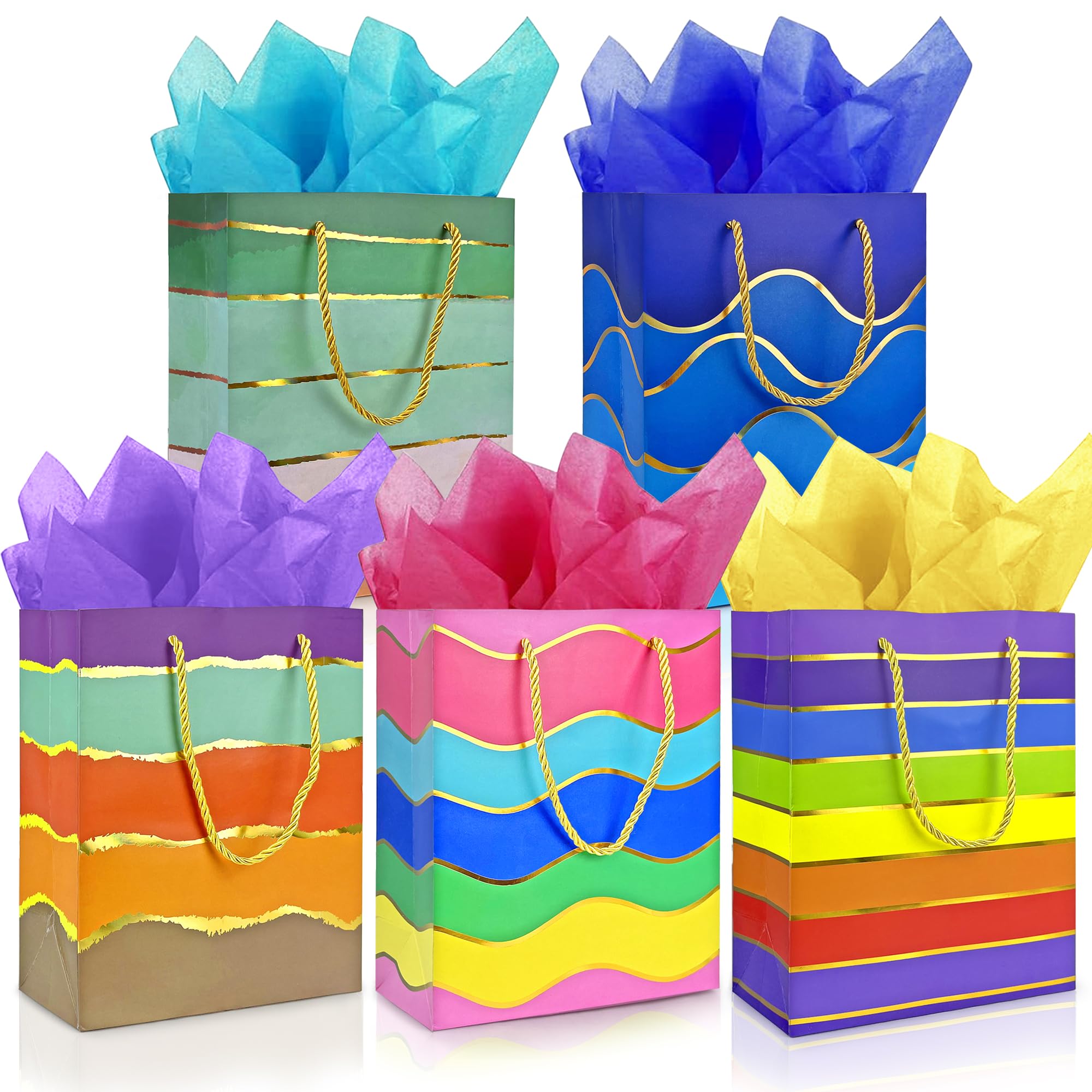 MUMULULU 5 Pack Paper Gift Bags with Handle and Tissue Paper Birthday Gift Bags Rainbow Bag for Birthday Party Baby Shower Wedding Holiday Presents