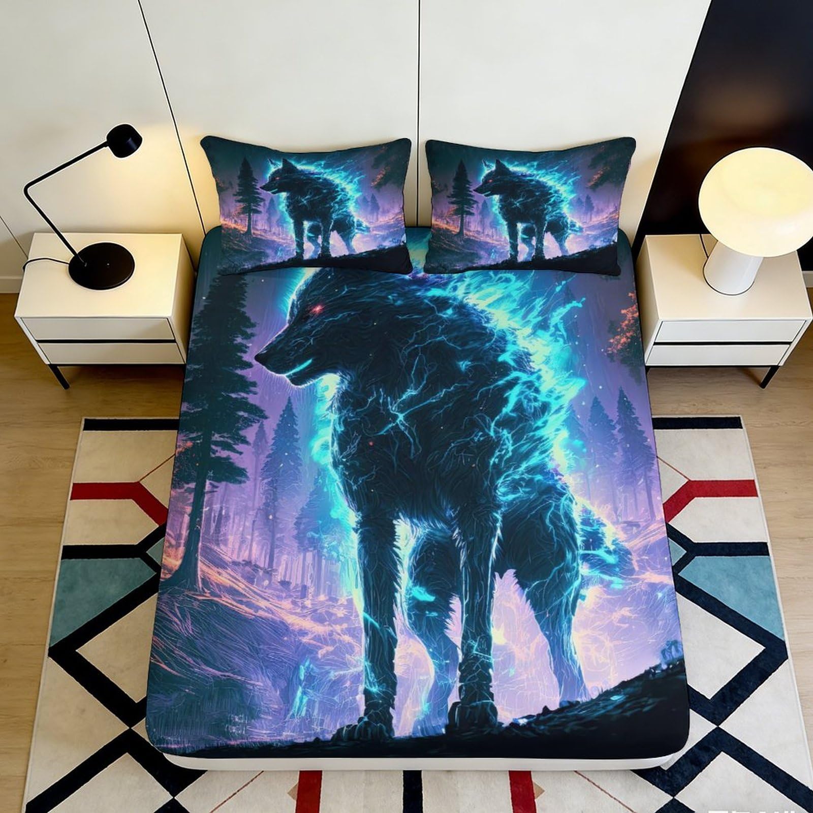 3D Printed Electric Blue Wolf Fitted Sheet Microfiber Soft Breathable Forest Night Bed Cover for Bedroom Dormitory Guest Room Mattress Protection 120x200x25cm
