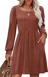 Womens Knit Sweater Dress with Pockets Square Neck Long Sleeve Dresses