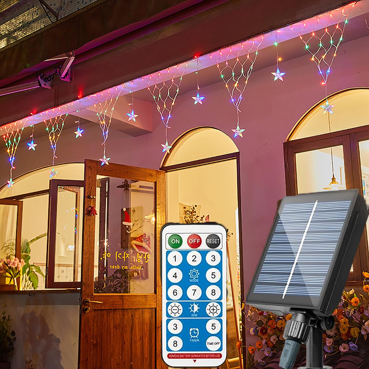 Solar Lichterkette Aussen 4m 196LED Lichternetz Mit Fernbedienung Wasserdicht Hängen Lichtervorhang Dekorations Patio Licht Weihnachten beleuchtung für Garten Terrasse Hochzeit (Mehrfarbig)