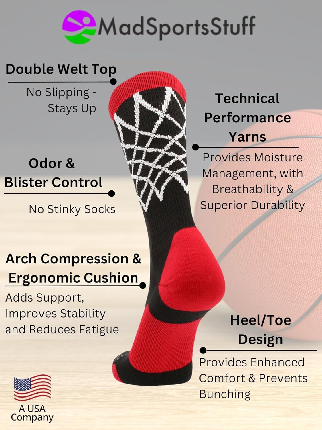 MadSportsStuff Elite Basketball Socks with Net Crew length - made in the USA - Image 5