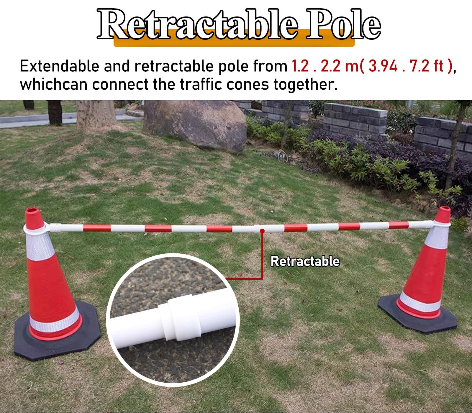 Barra de conos de tráfico Barra de cono de tráfico retráctil de 1,2-2,2 M, conectores de conos de plástico flexible/poste de barrera de seguridad, sistema de control de multitudes temporal(Retractable