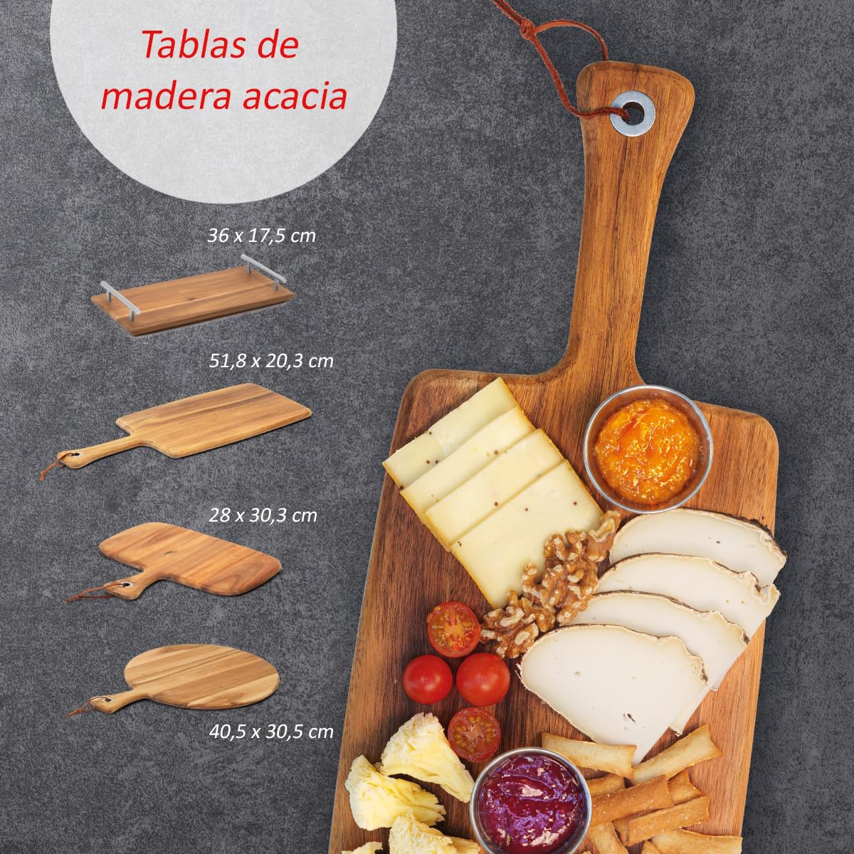 MBH - Set de 4 Tablas de Madera de Servir Comida para la presentación de Alimentos en hostelería. Juego de bandejas de Madera de Acacia, Que aportan Calidez y Elegancia a Cualquier Mesa o Buffet.
