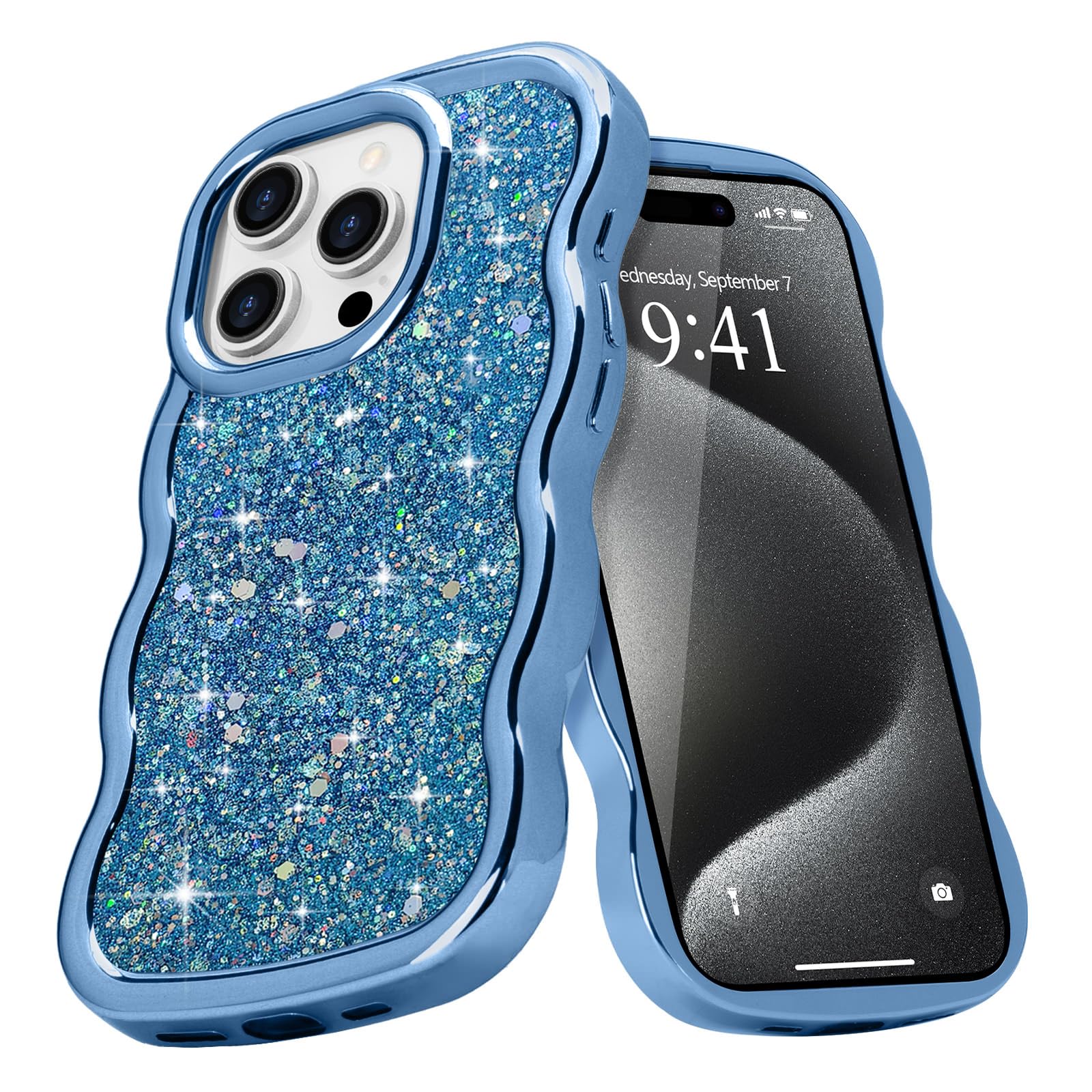 Micoden for iPhone 14 Pro Case, Cute Bling Glitter Sparkly for Women Girls Slim Protective Durable Curly Wave Edge Luxury Plating Shockproof Camera